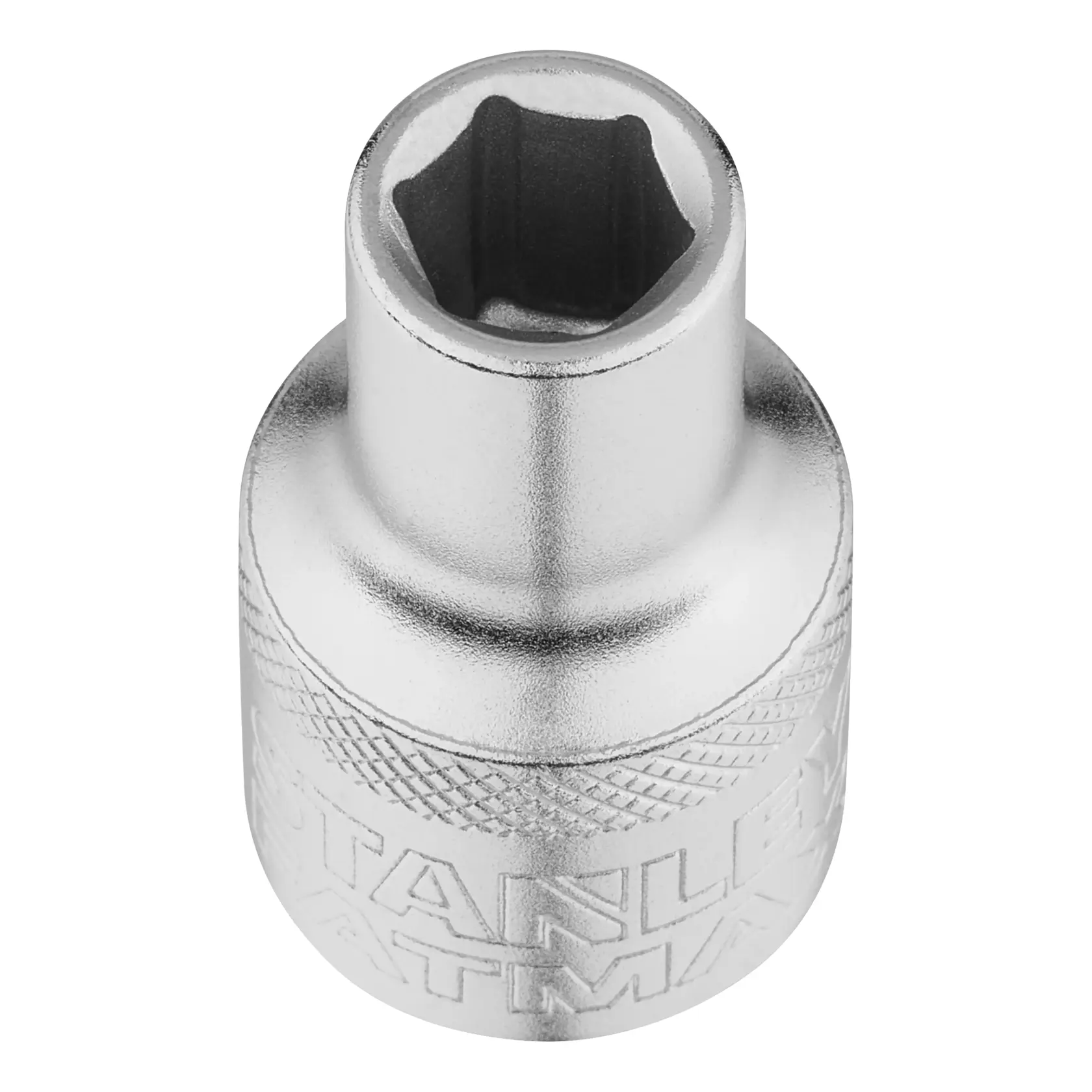 STANLEY FMMT17228-0 Steckschlüssel mit Chrom-Finish, Frontansicht, kompakte Größe und gerändeltem Griff.