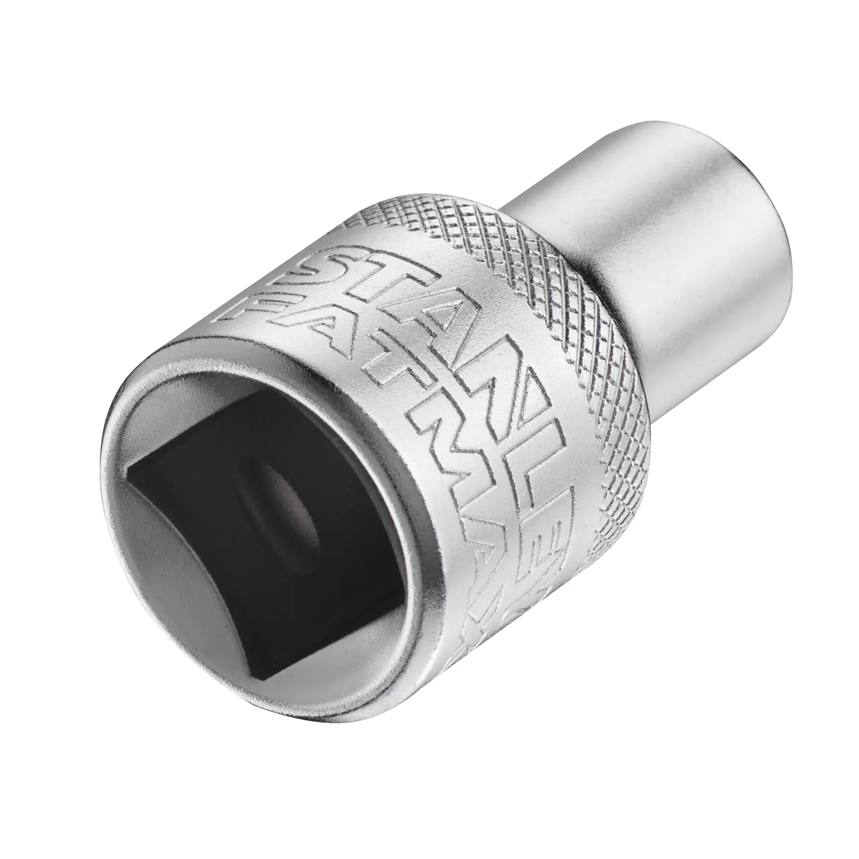 STANLEY FMMT17228-0 verchromter Stecknuss-Adapter, gerändelter Griff, Nahaufnahme auf weißem Hintergrund.