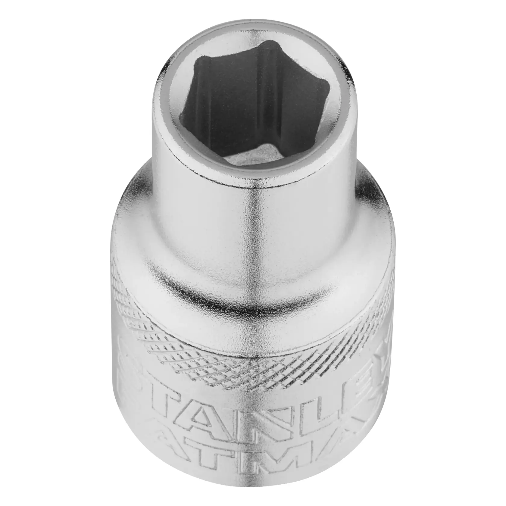 STANLEY FMMT17229-0 verchromter Steckschlüssel, obere Ansicht, strukturierter Griff, Fotografie auf weißem Hintergrund.