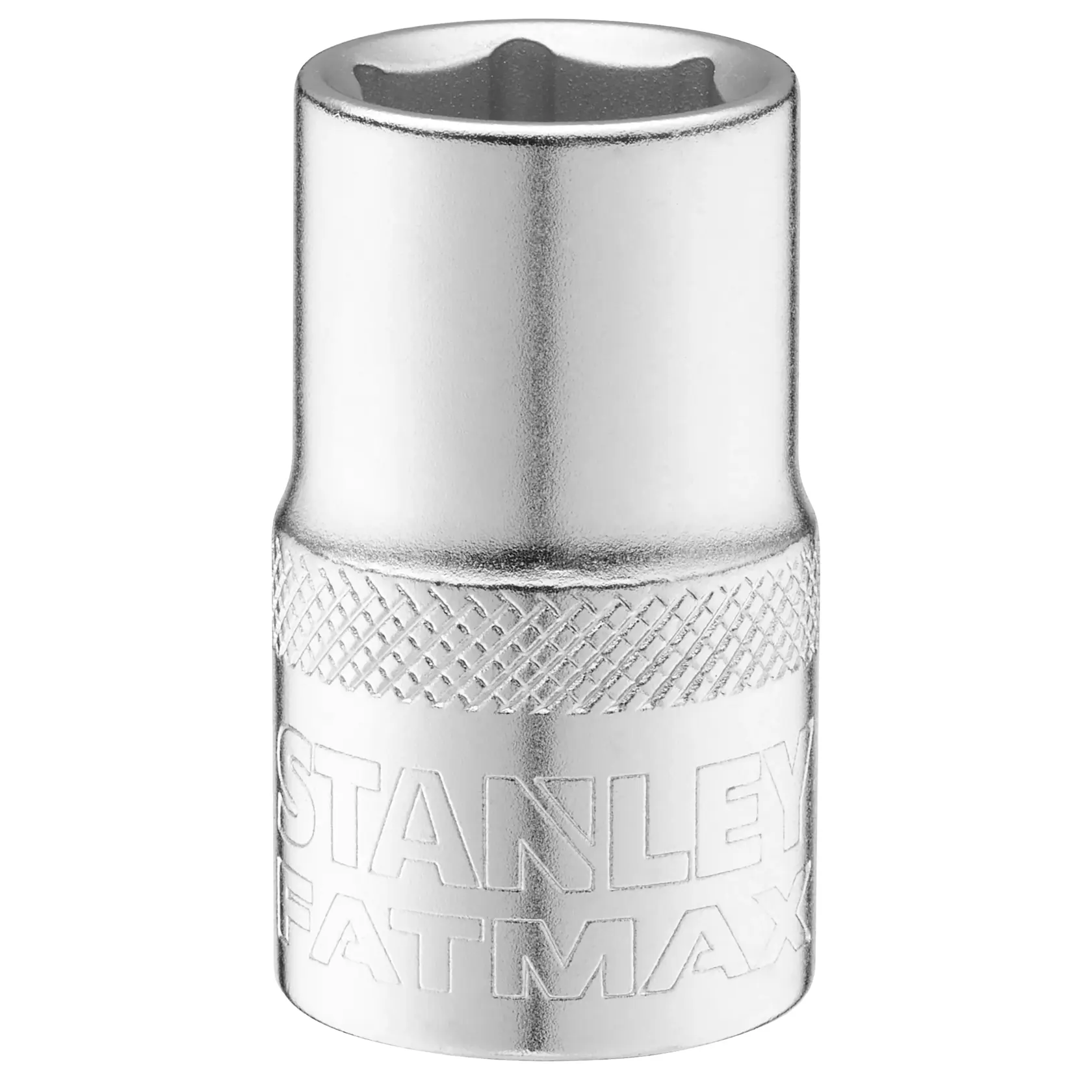 STANLEY FMMT17233-0 verchromte Stecknuss mit rändeltem Griff, stehend auf weißem Hintergrund.