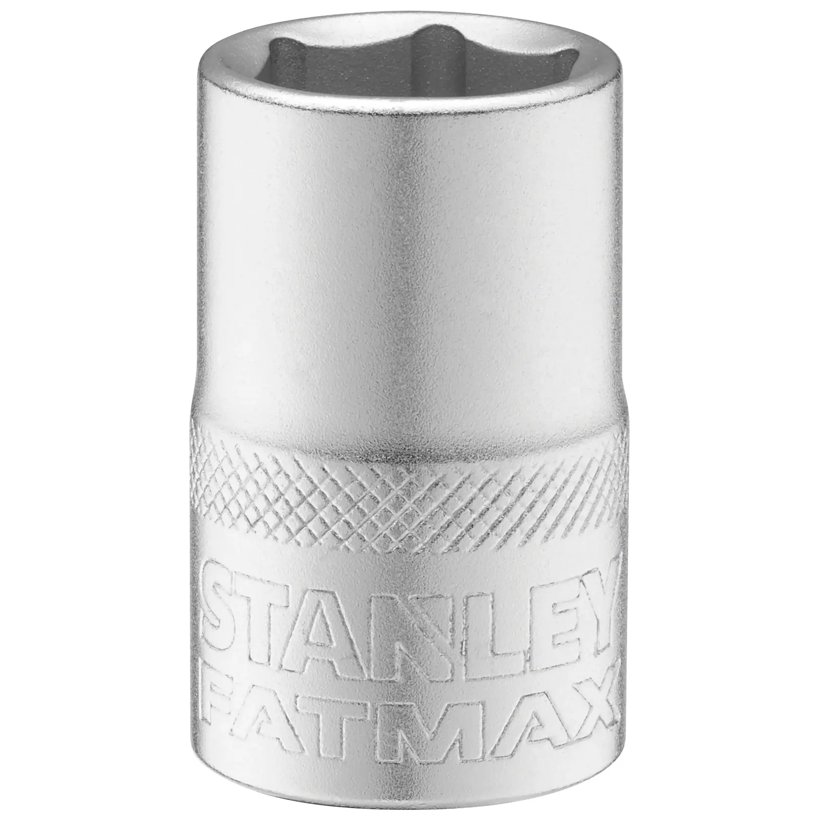 STANLEY FMMT17235-0 Chrom-Steckschlüssel, geprägtes Logo, Fotografie von Werkzeug mit Rändelgriff, Frontansicht.