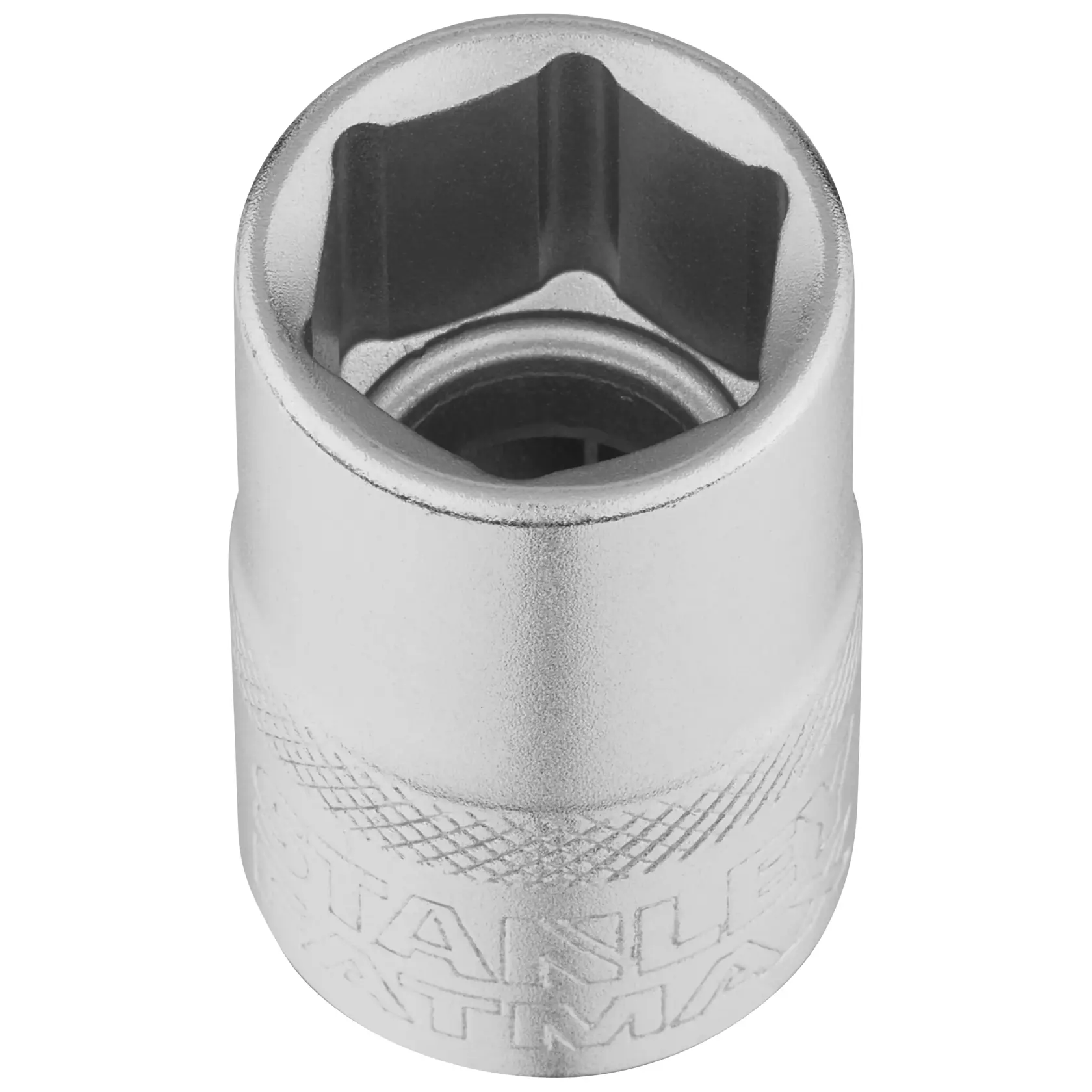 STANLEY FMMT17235-0 Chrom-Stecknuss, obere Ansicht, silbernes Finish, sechseckige Öffnung, Handwerkzeug-Zubehör.