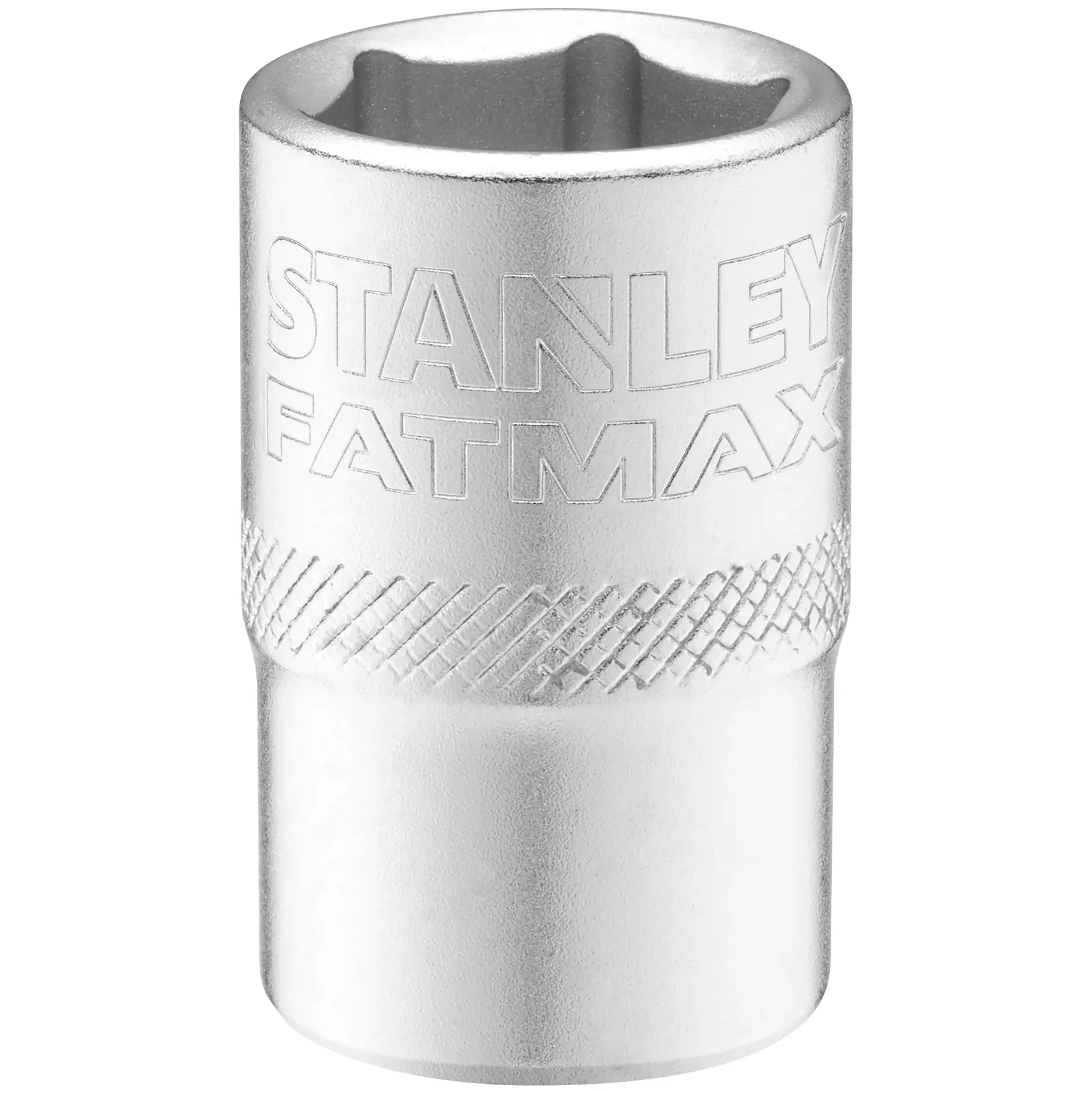 STANLEY FMMT17236-0 Stecknuss, Chrom-Finish, STANLEY FATMAX Branding, gerändelte Griffzone, Frontansicht, weißer Hintergrund.