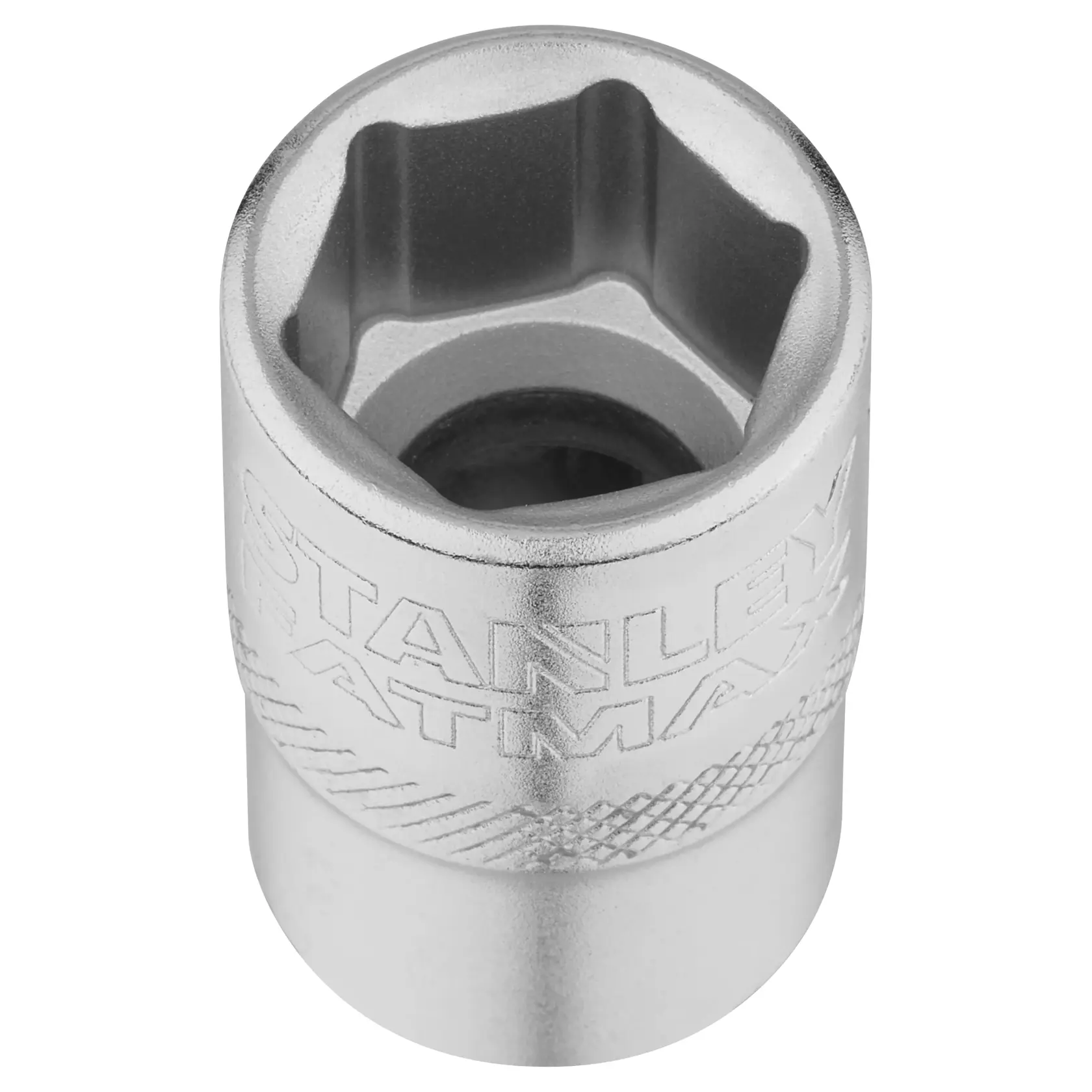 STANLEY FMMT17236-0 Chrom-Stecknuss, graviertes STANLEY Logo, Werkzeug, Frontansicht, weißer Hintergrund.