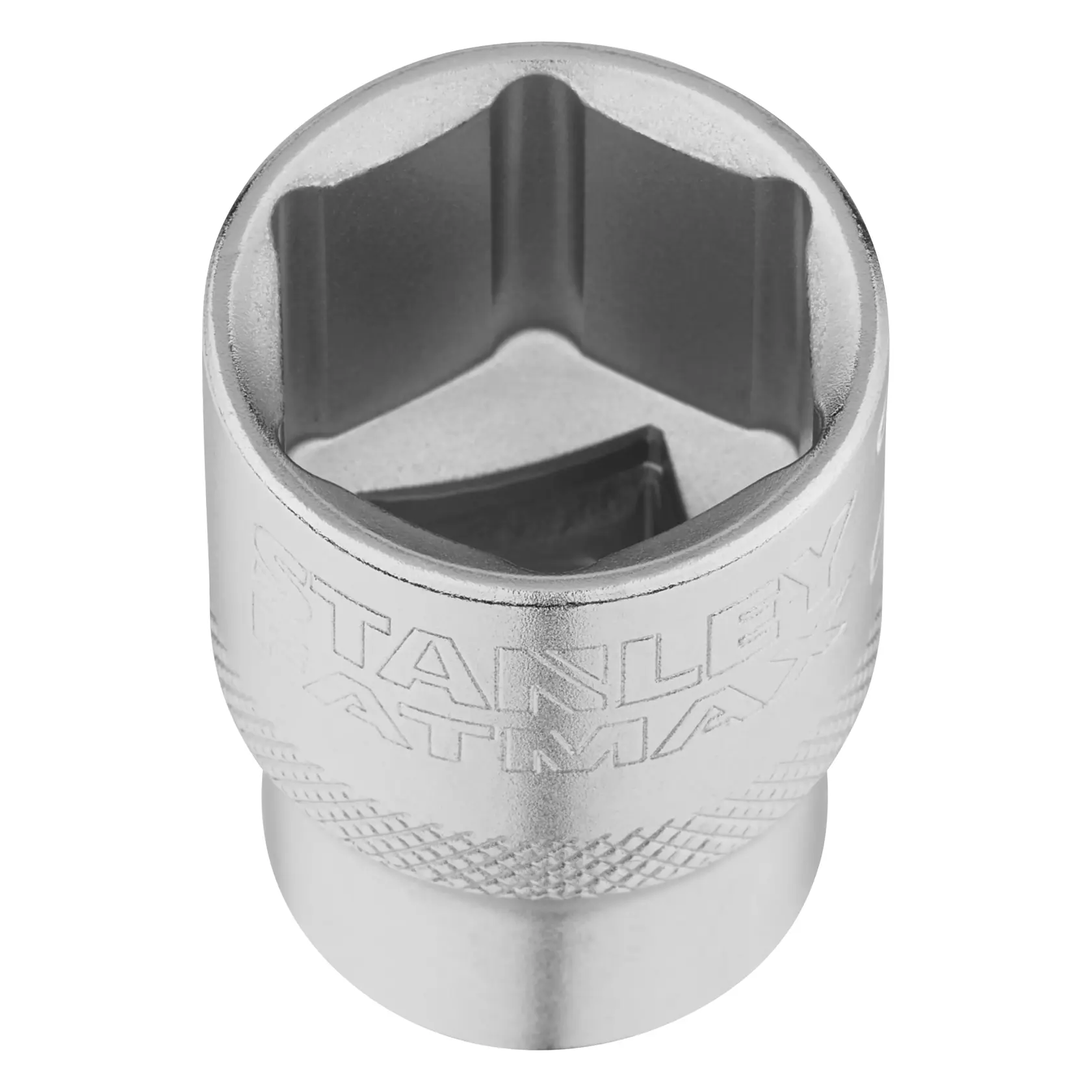 STANLEY FMMT17240-0 Steckschlüssel, Chrom-Finish, Nahaufnahme, mit graviertem Logo, Werkzeugzubehör.