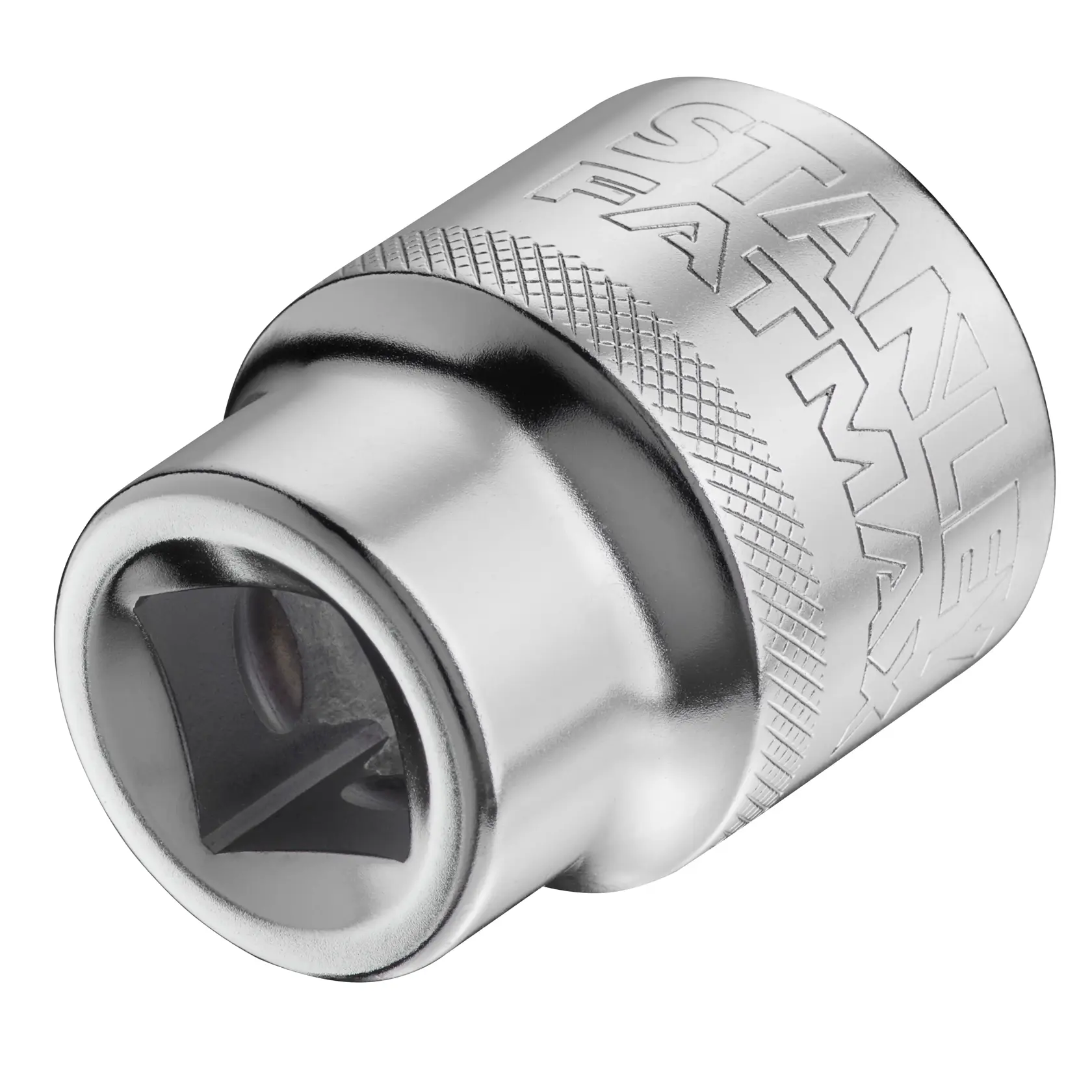 STANLEY FMMT17243-0 Chrom-Steckschlüsseladapter mit Rändelung, Nahaufnahme auf weißem Hintergrund, Werkzeugzubehör.