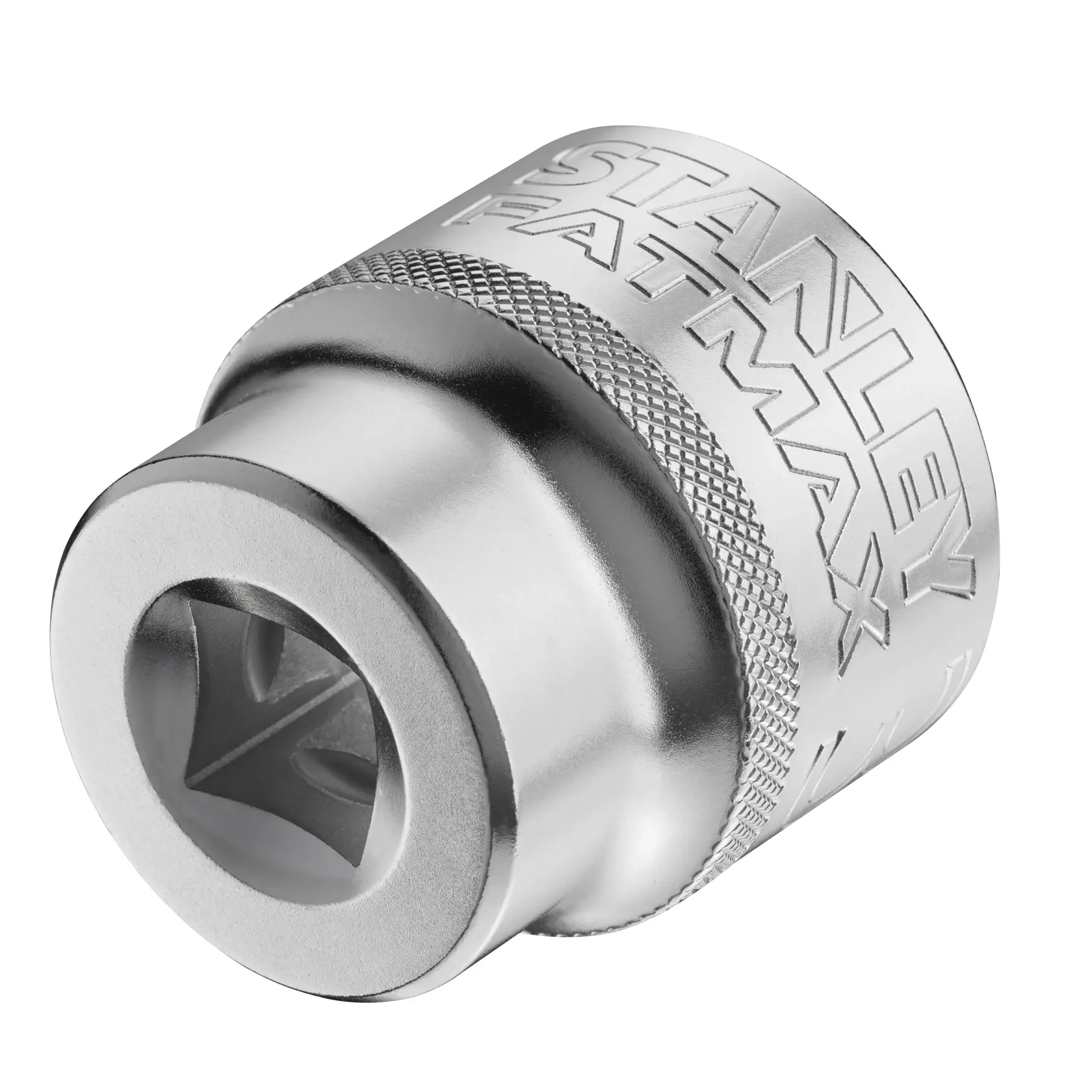 STANLEY FMMT17246-0 Chrom-Stecknuss, gerändelter Griff, Fotografie vor weißem Hintergrund.