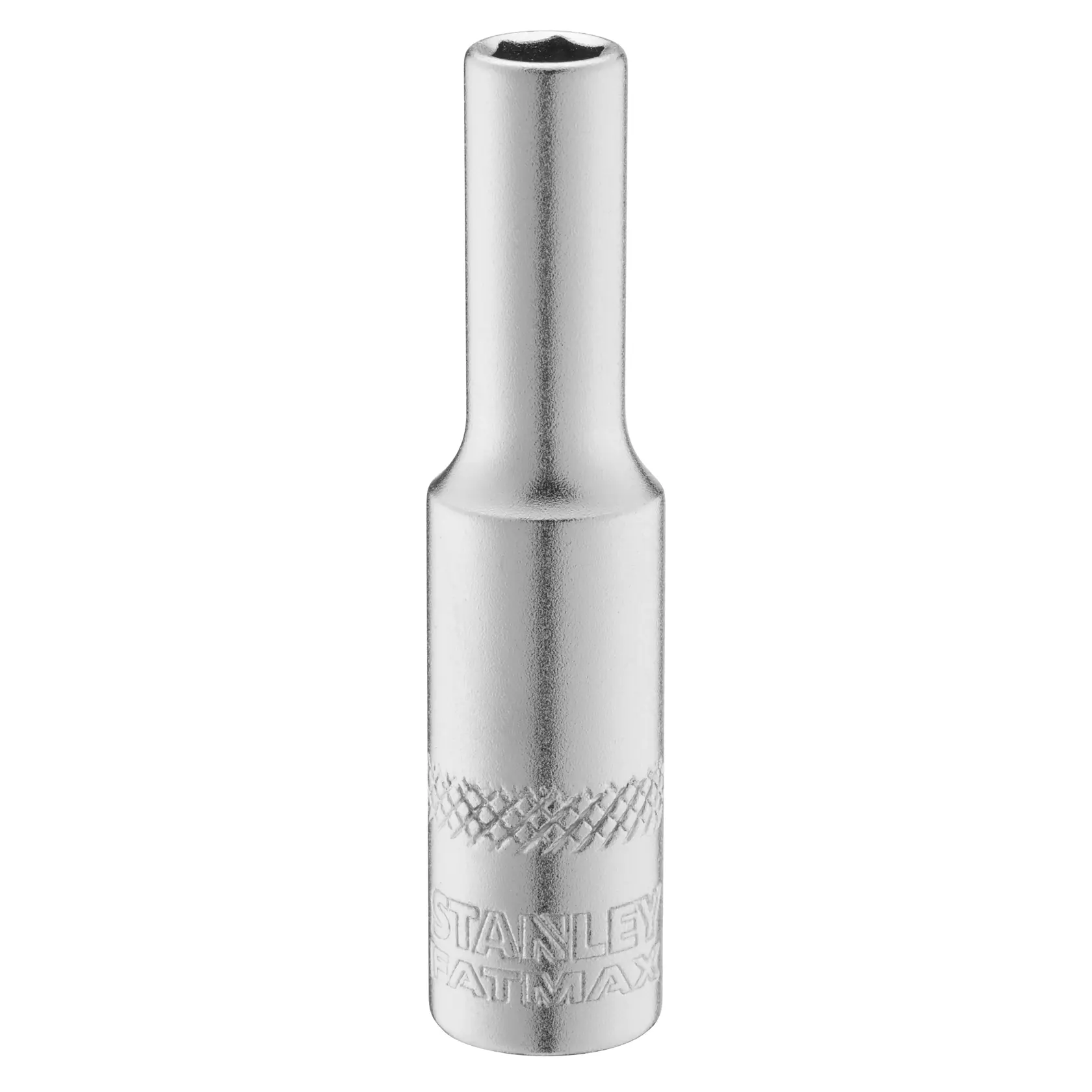 STANLEY FMMT17249-0 verchromte Tiefstecknuss, sechseckige Öffnung, graviertes Branding, Werkzeugfoto, Frontalansicht.