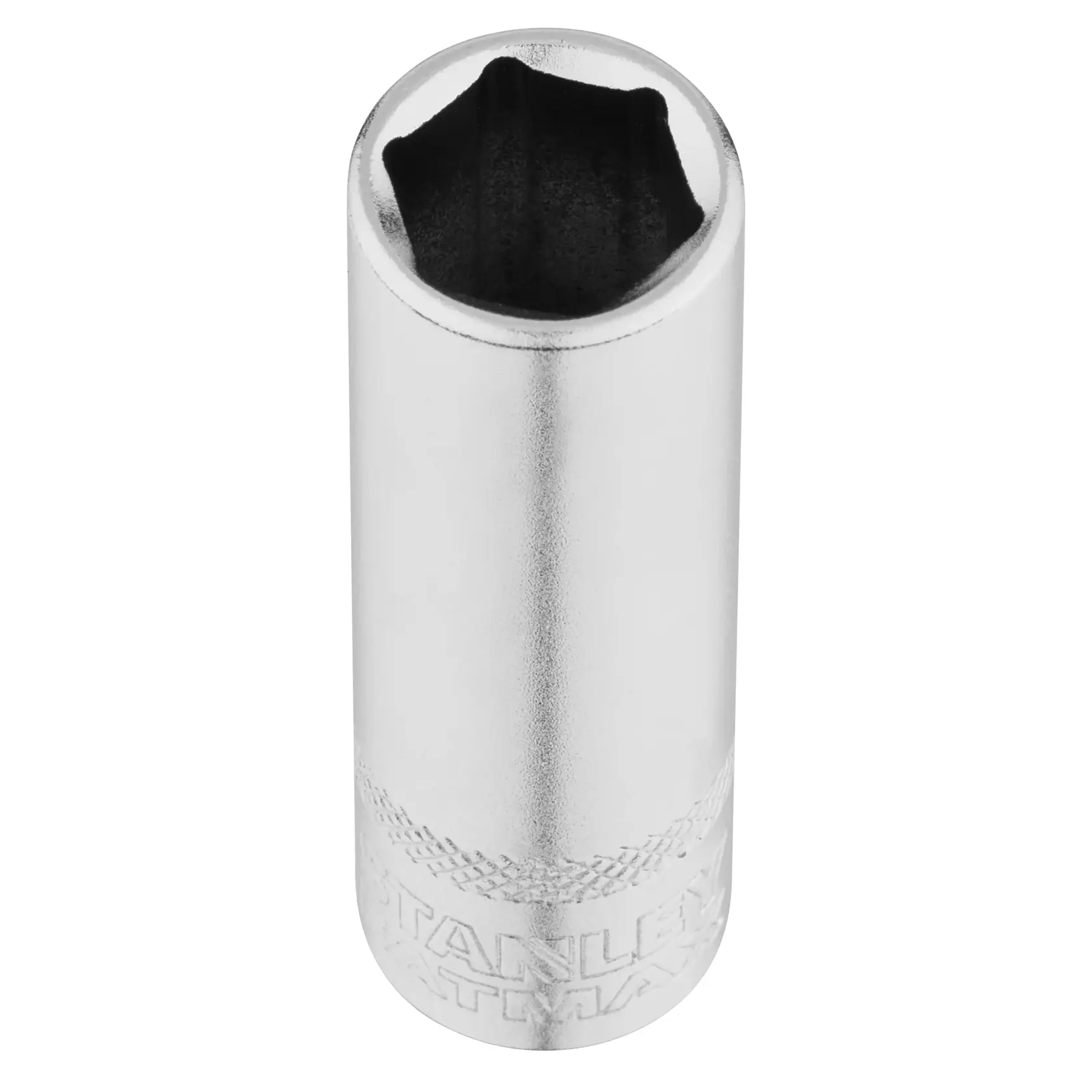 STANLEY FMMT17963-0 Steckschlüssel mit Chrom-Finish, zylindrische Form, obere Perspektive, Fotografieprodukt.