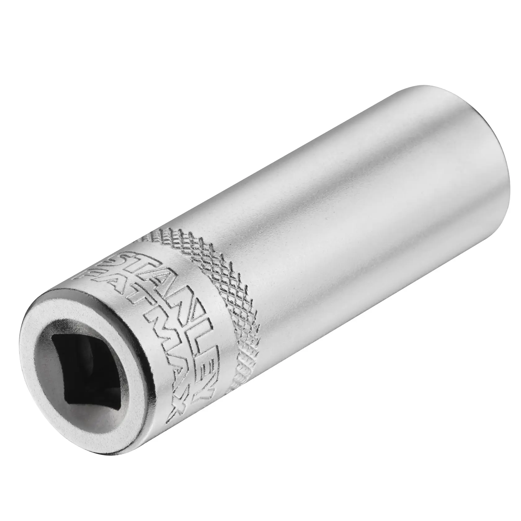 STANLEY FMMT17963-0 tiefe Stecknuss, Chrom, zylindrisches Design, Markengravur, schräge Ansicht auf weißem Hintergrund.