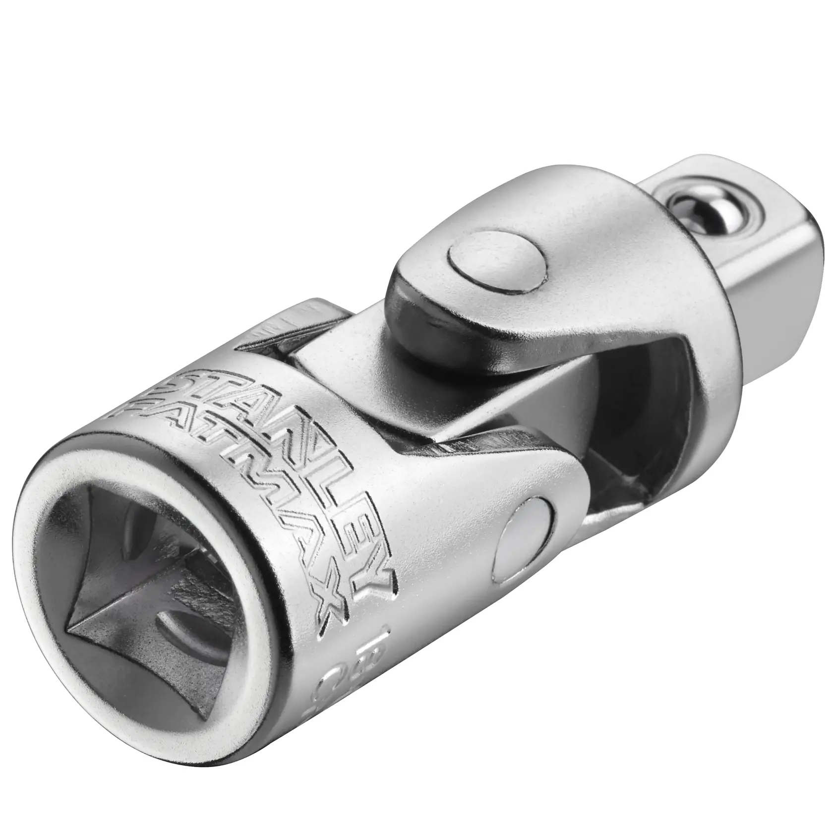 Foto des verchromten STANLEY FMMT18011-0 Universal-Gelenkadapters, schräge Ansicht auf weißem Hintergrund.