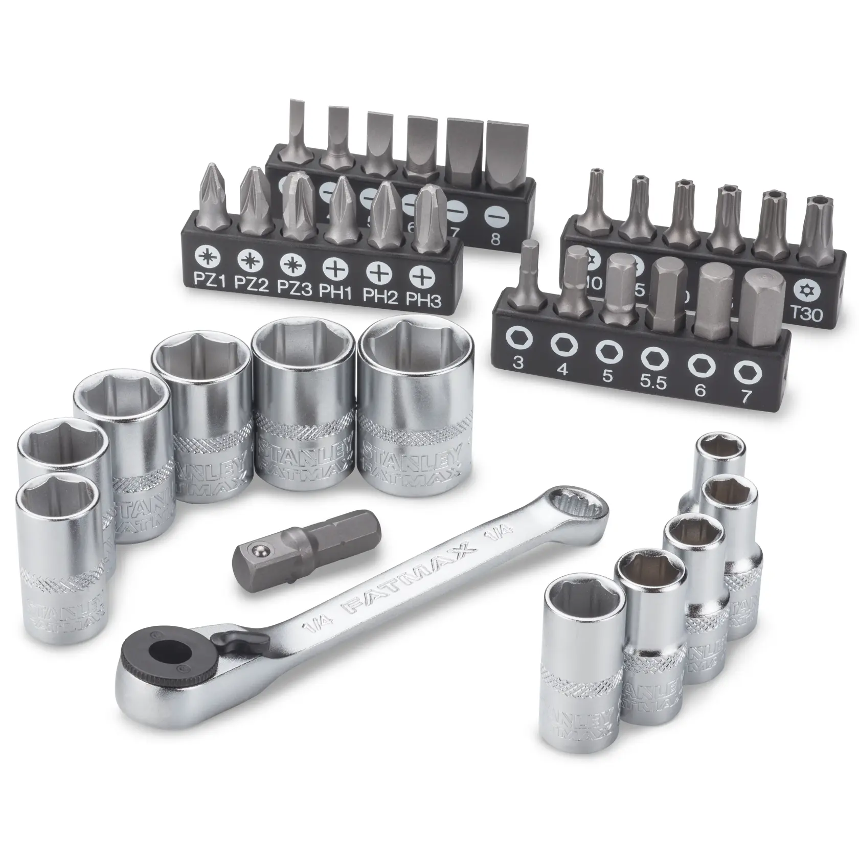 STANLEY FMMT19101-0 Steckschlüssel- und Bit-Set mit Ratsche, Draufsicht auf weißem Hintergrund.