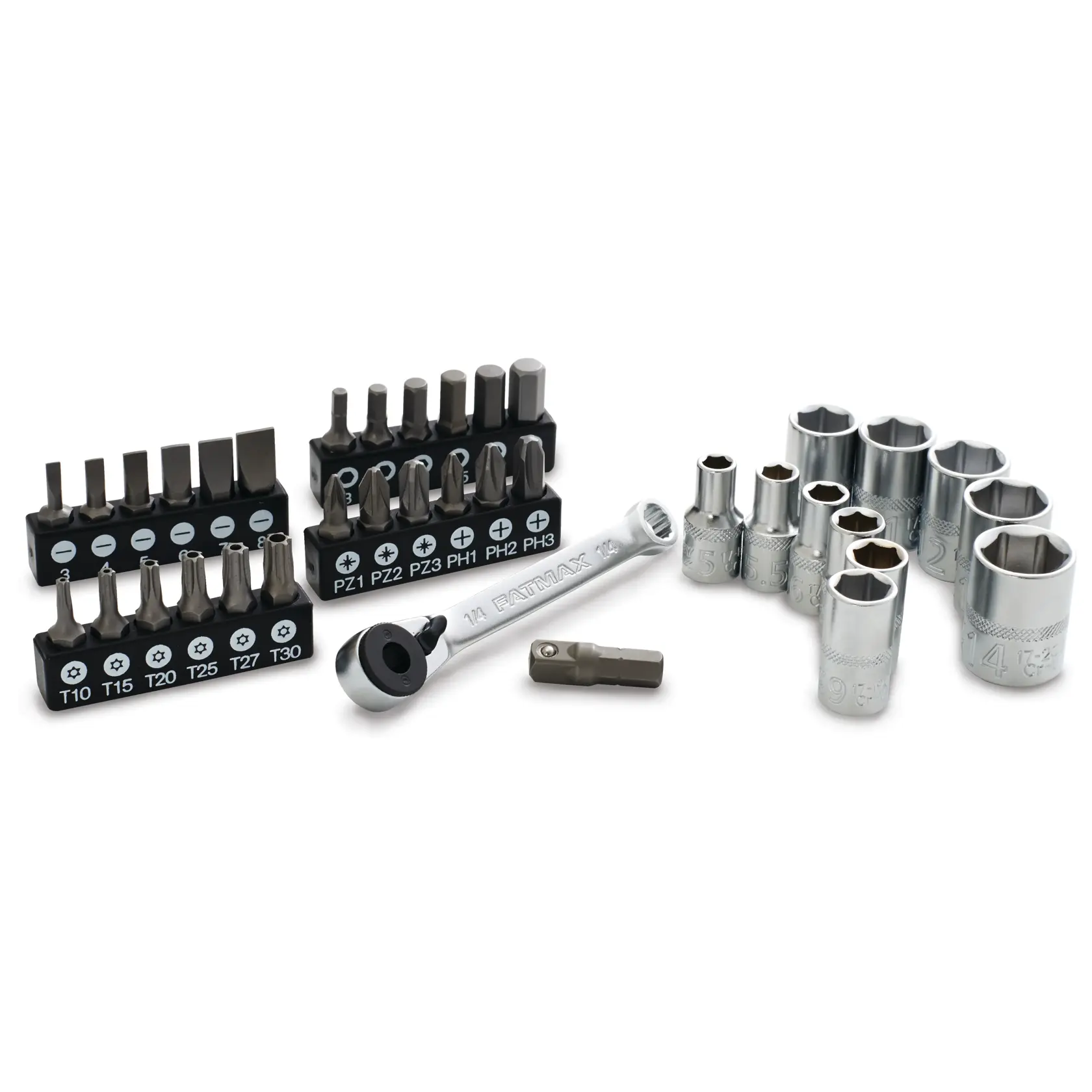 STANLEY FMMT19101-0 Ratschen-Steckschlüssel und Bit-Set, silber und schwarz, Vorderansicht auf weißem Hintergrund.