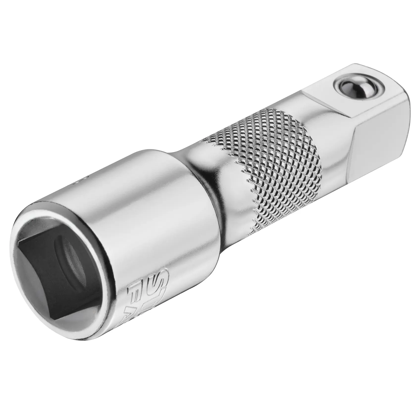 STANLEY FMMT25123-0 Chrom-Steckschlüsseladapter mit gerändeltem Griff, schräg auf weißem Hintergrund gezeigt.