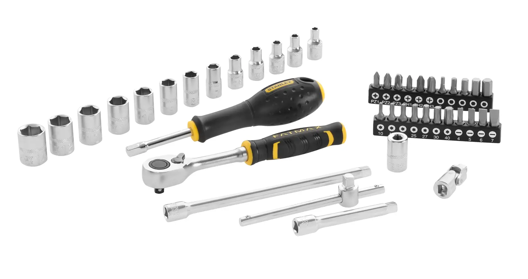 Stanley Steckschlüssel- und Ratschen-Set mit Bits, Griffen und Verlängerungen, auf weißem Hintergrund.