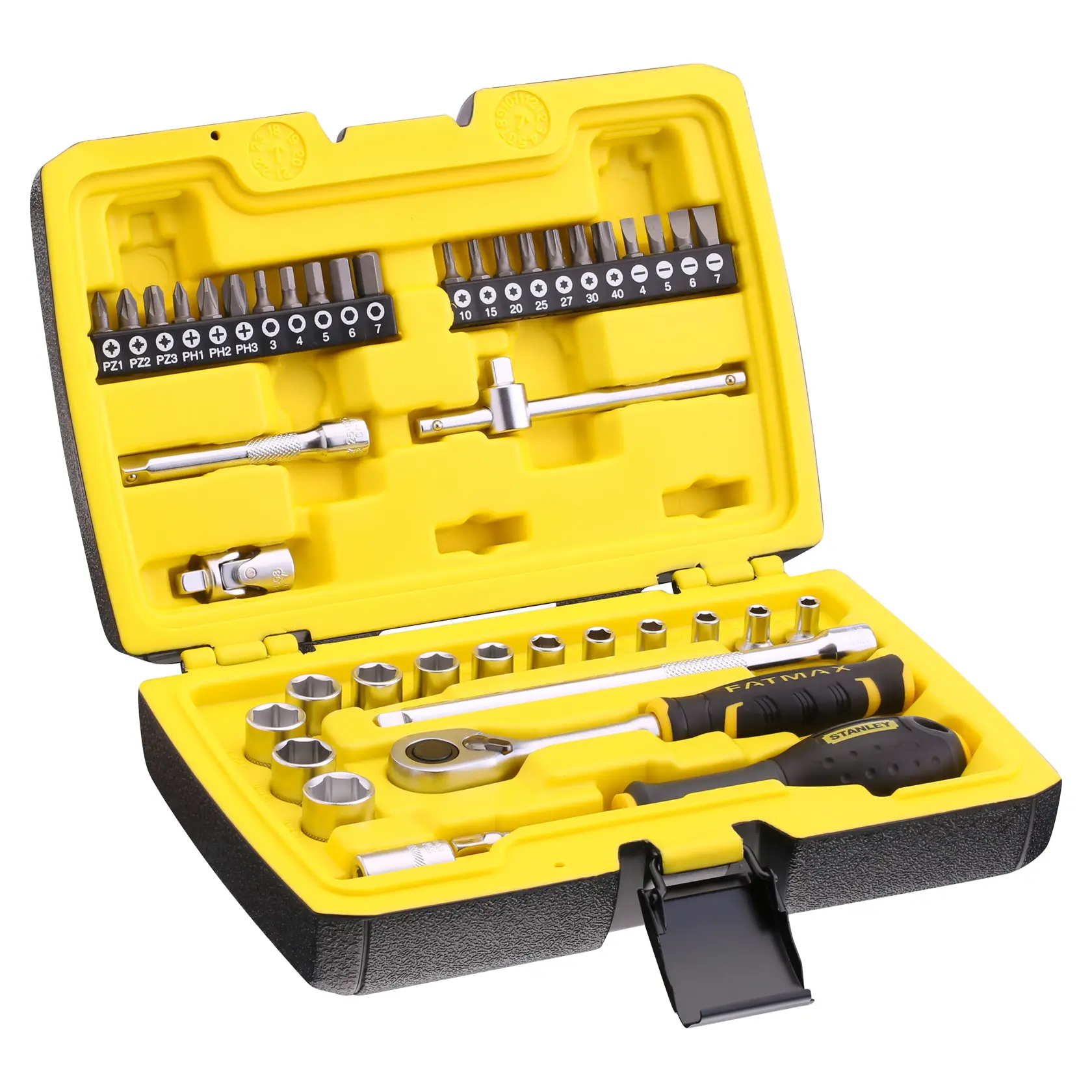 STANLEY FMMT82683-1 Steckschlüssel- und Bit-Set in schwarzem Hartschalenkoffer mit gelbem Innenraum, geöffnet mit verschiedenen Handwerkzeugen.