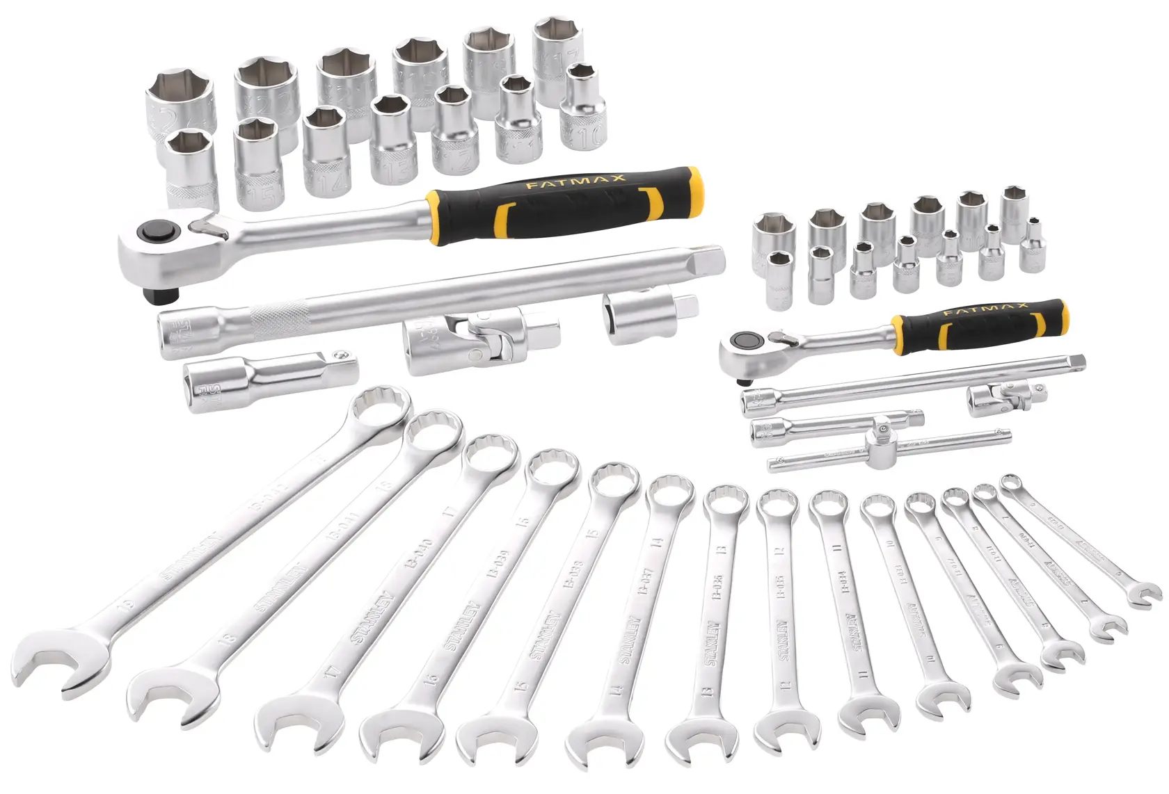 STANLEY FMMT82827-1 Handwerkzeug-Set mit Schraubenschlüsseln, Knarren und Stecknüssen, auf weißem Hintergrund fotografiert.