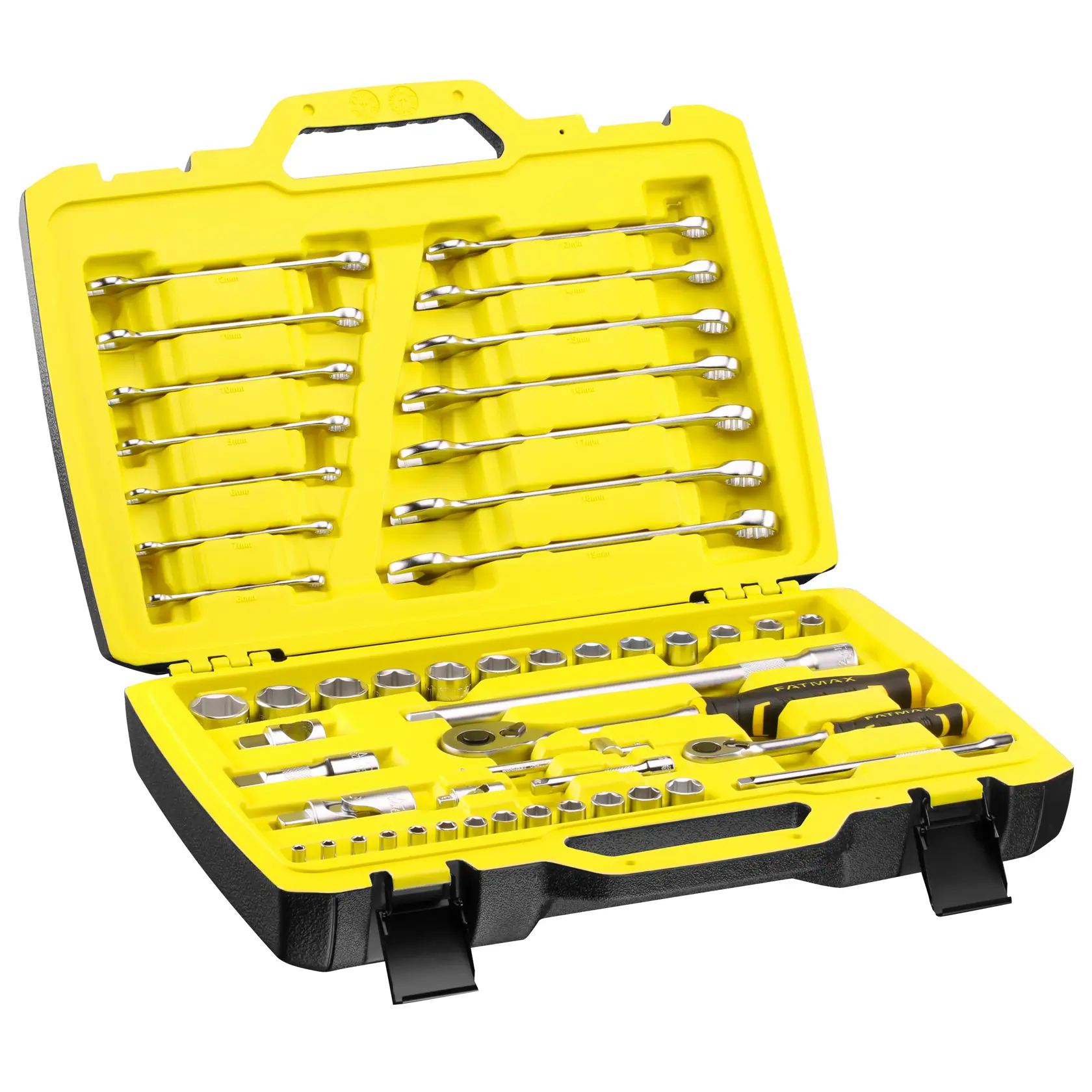 STANLEY FMMT82827-1 Mechaniker-Werkzeugsatz mit Steckschlüsseln, Schraubenschlüsseln und Knarren im gelben Hartkoffer, Vorderansicht.