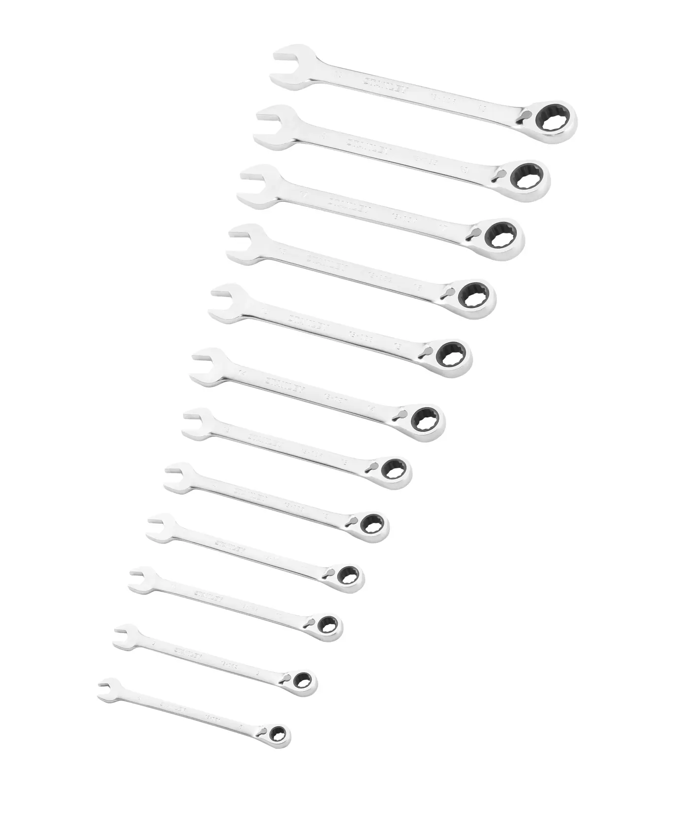 STANLEY FMMT82849-0 Ratschenschlüssel-Set, 12-teilig, Chrom-Finish, Draufsicht, weißer Hintergrund.