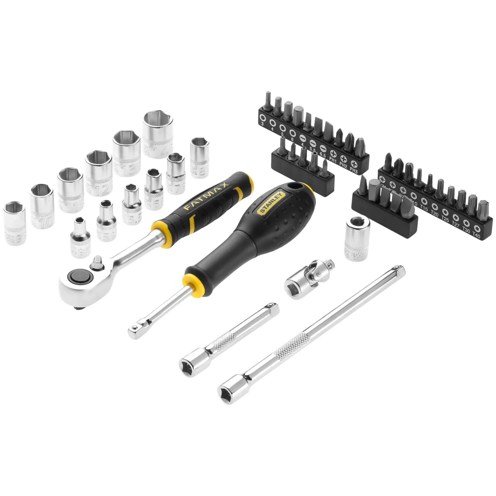 STANLEY FMMT98101-0 Steckschlüssel- und Bit-Set mit Ratschenhebel, Schraubendreher, Stecknüssen, Bits und Verlängerungen, Draufsicht.