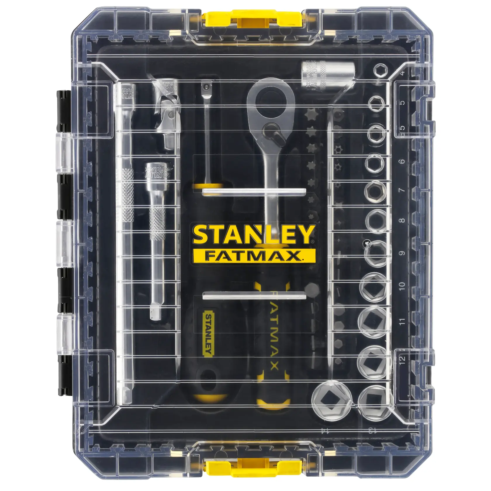 STANLEY FMMT98101-0 Steckschlüssel- und Knarrenkasten in transparenter Kunststoffbox, Draufsicht, gelb-schwarze Akzente.