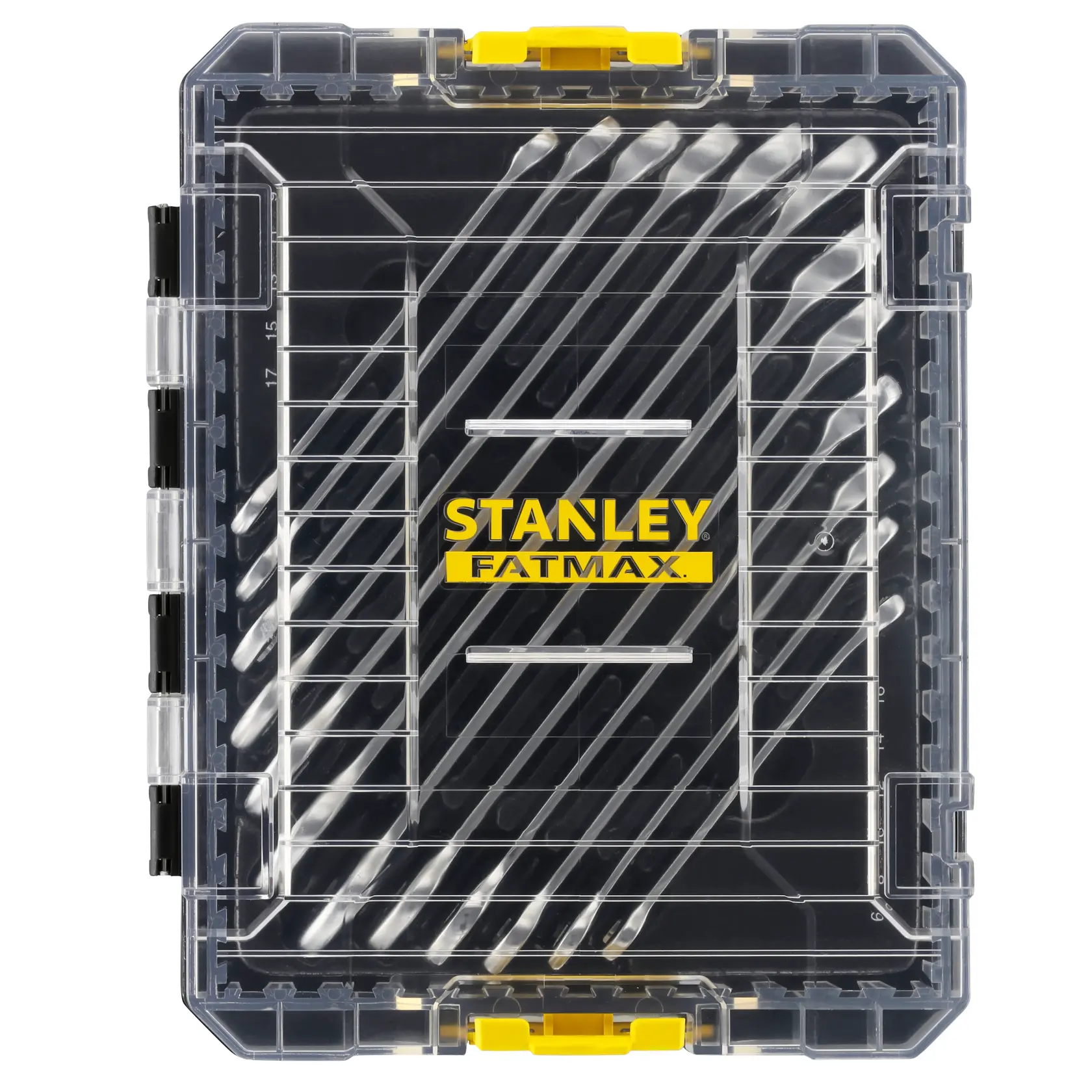STANLEY FMMT98104-0 Fach-Organizerbox, transparenter Deckel mit gelbem Verschluss, Aufsicht.