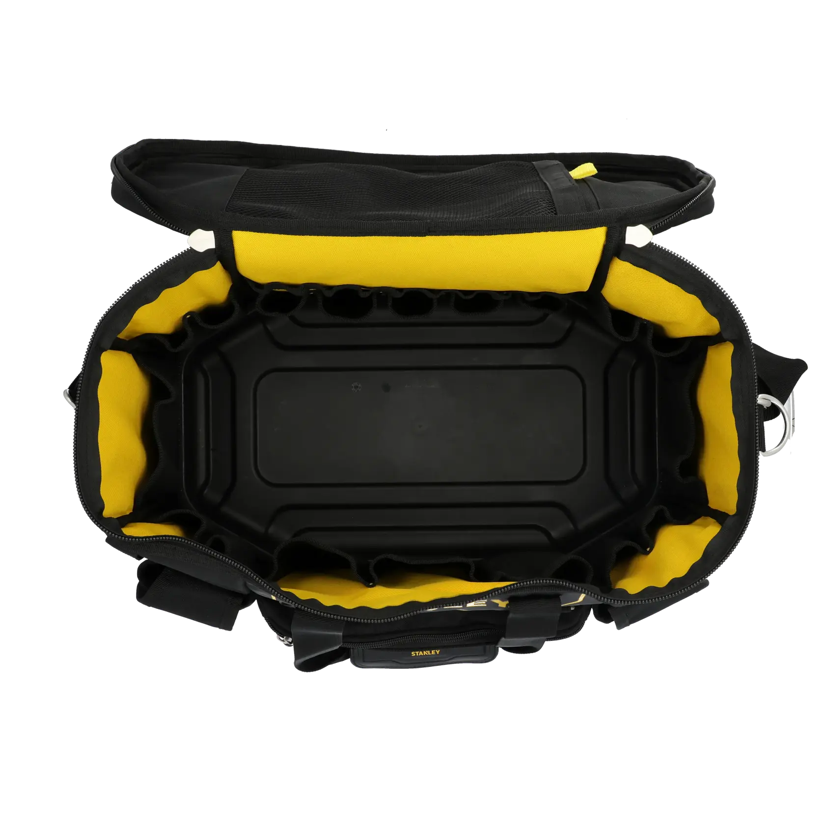 STANLEY FMST1-70749 Fotografie von offener Werkzeugtasche, obenansicht, schwarz-gelbes Innenfach mit Taschen.