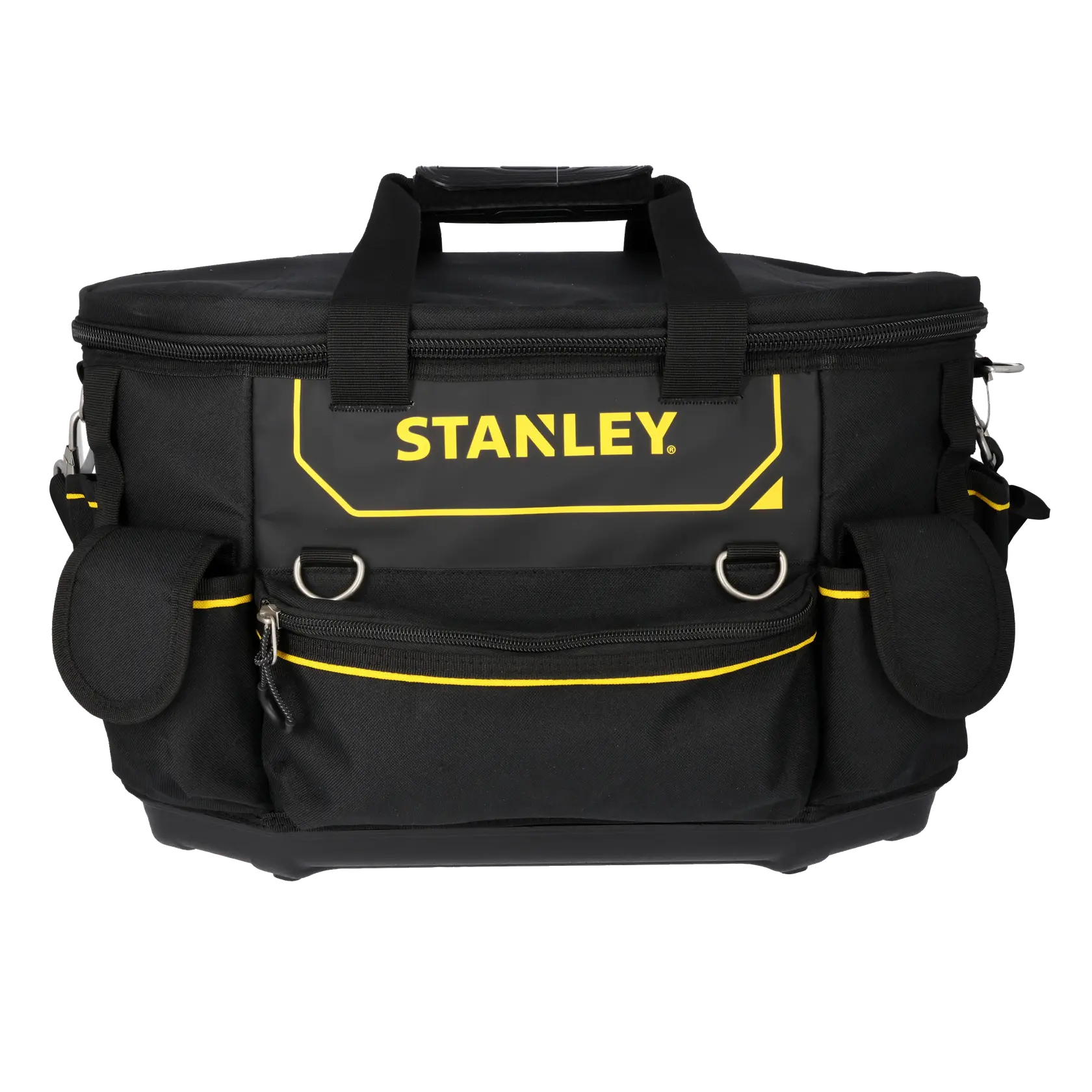 STANLEY FMST1-70749 Werkzeugtasche, schwarz mit gelbem Rand, Vorderansicht, viele Taschen und Griffe.
