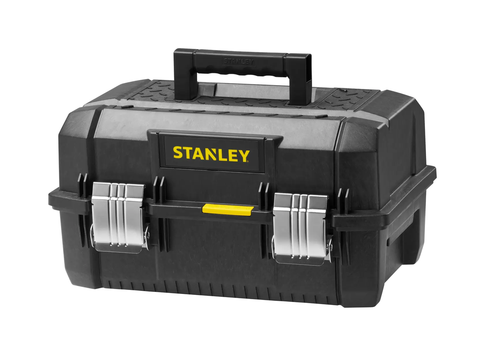 STANLEY FMST1-71219 schwarzer Werkzeugkasten Frontalansicht mit Metallverschlüssen und Griff oben.