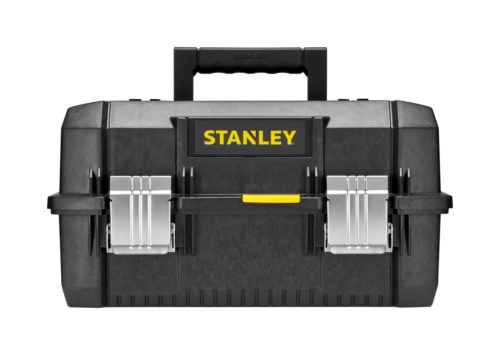 STANLEY FMST1-71219 schwarze Werkzeugbox mit Metallverschlüssen, gelbes Logo, Frontansicht auf weißem Hintergrund.