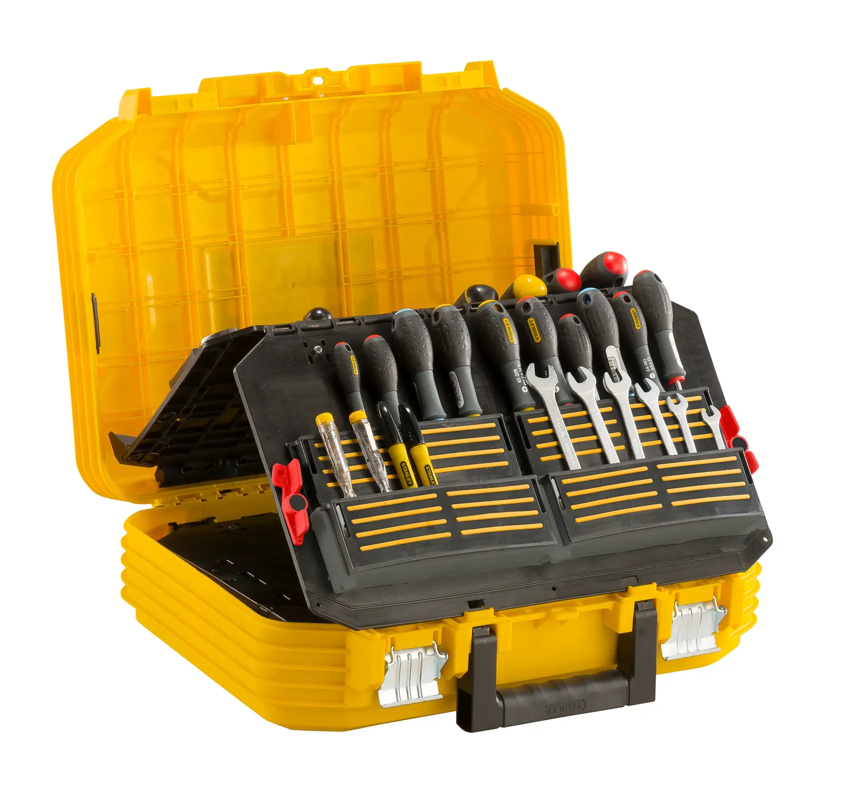 STANLEY FMST1-71943 Werkzeugkoffer geöffnet mit sortierten Handwerkzeugen, gelbes Hartplastikgehäuse, Vorderansicht.