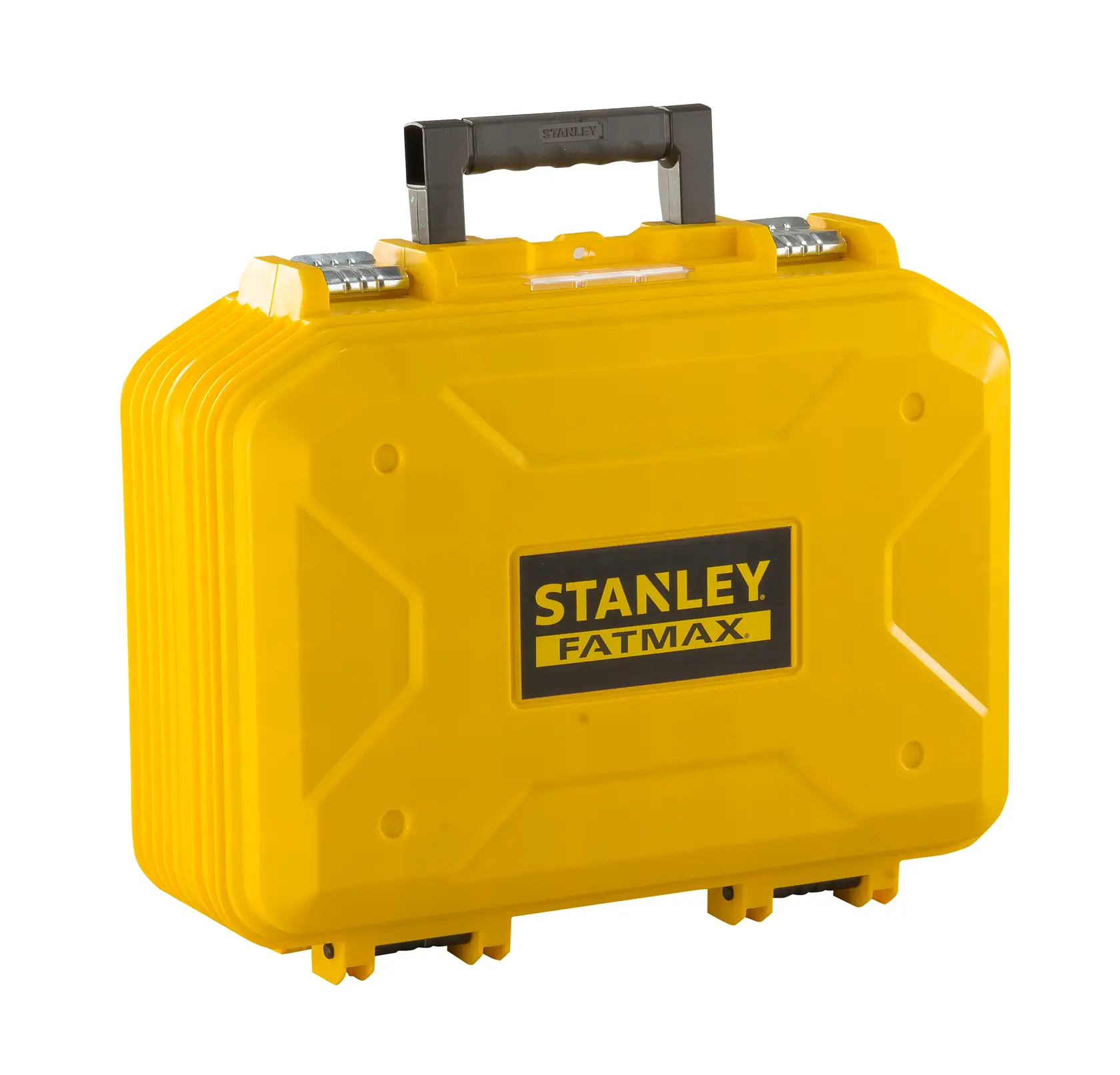 STANLEY FMST1-71943 gelber Kunststoff-Werkzeugkasten mit schwarzem Griff, Vorderansicht vor weißem Hintergrund.