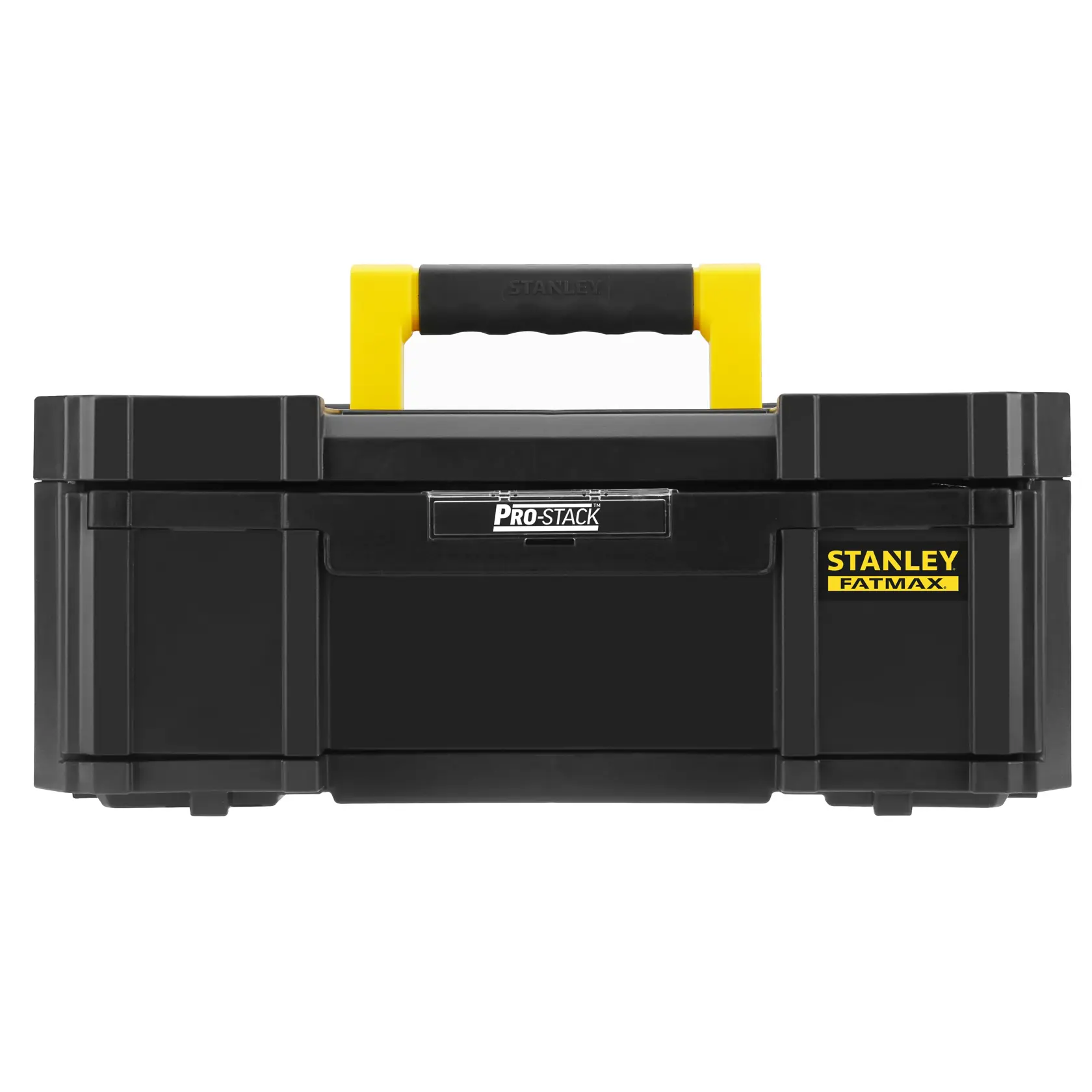 STANLEY FMST1-71968 schwarzer Werkzeugkasten mit gelbem Griff, Vorderansicht, Pro-Stack Fatmax Serie.