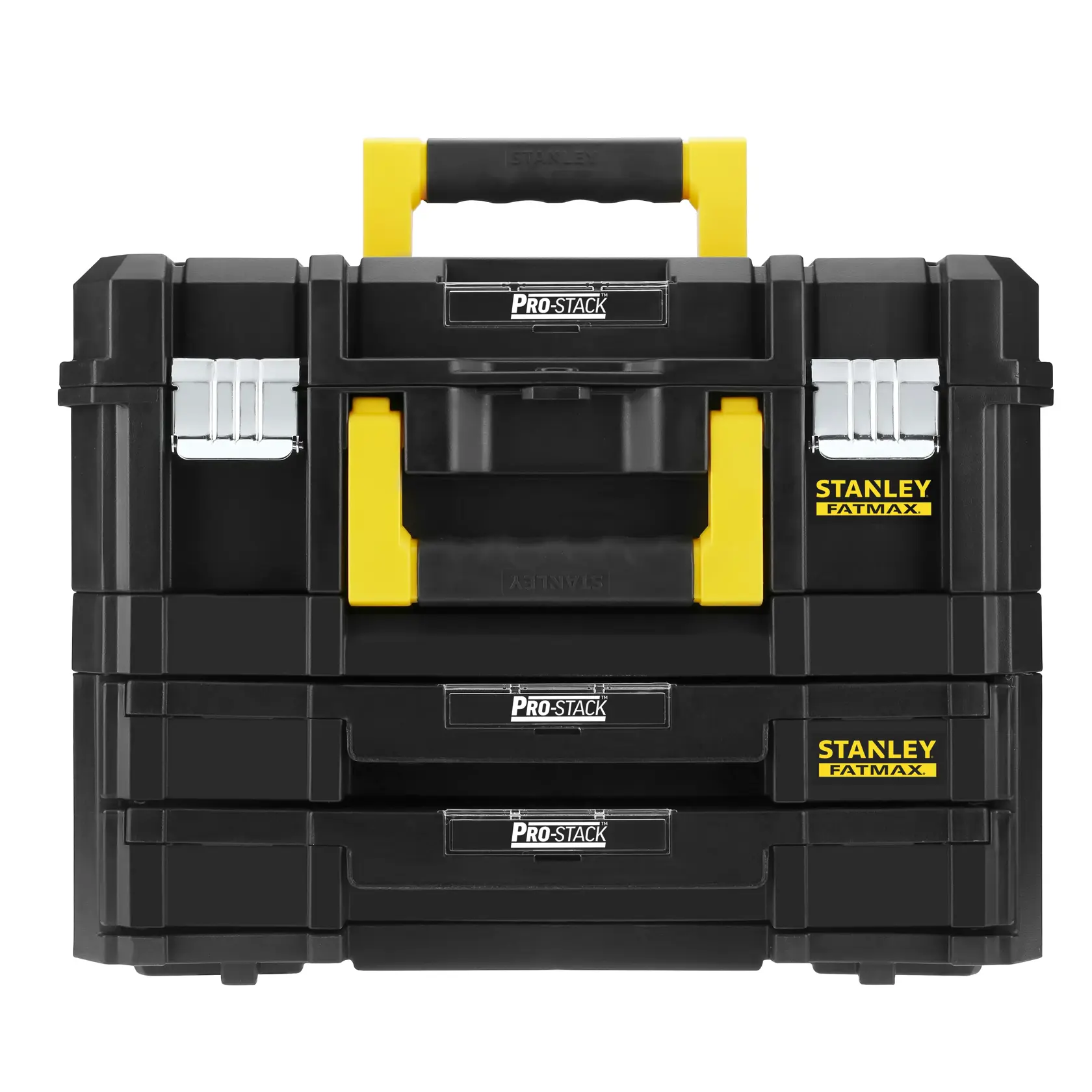 STANLEY FMST1-71981 PRO-STACK FATMAX Werkzeugkasten in Schwarz-Gelb mit zwei Schubladen, Frontansicht.