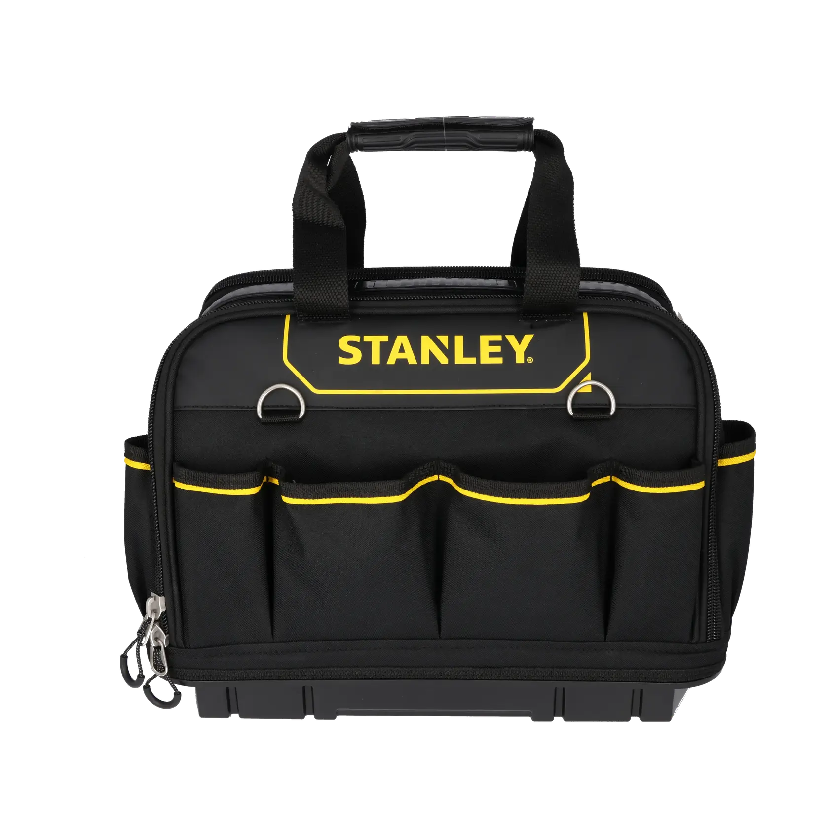 STANLEY FMST1-73607 schwarze Werkzeugtasche mit gelber Kante, Fronttaschen, Griffen; Frontansicht auf Weiß.