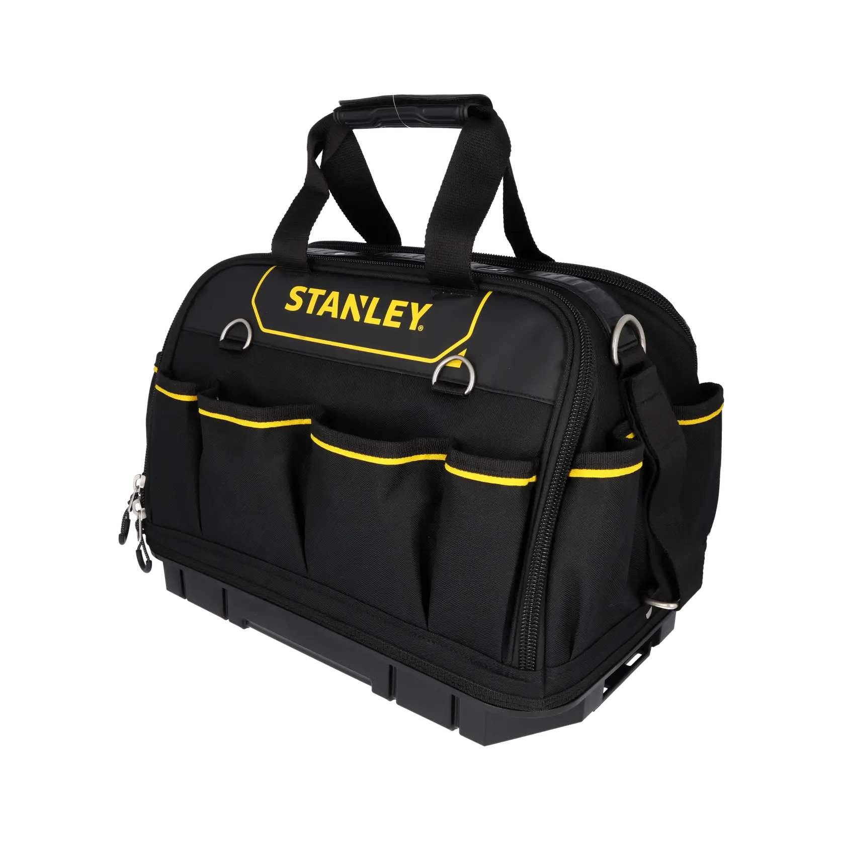 STANLEY FMST1-73607 schwarze Werkzeugtasche mit gelbem Rand, Front- und Seitentaschen, schräge Frontansicht.