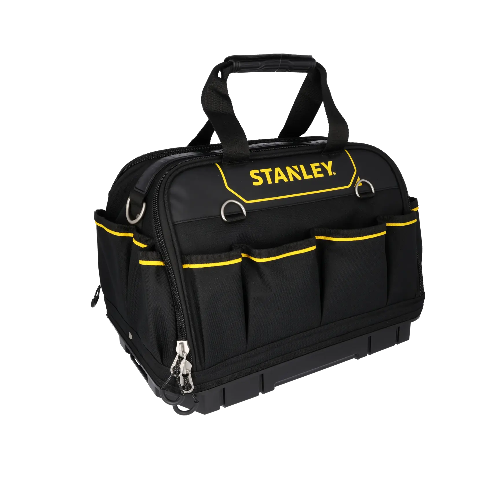 Stanley Fatmax Werkzeugtasche in Schwarz-Gelb mit Griffen und mehreren Taschen zum Transport von Werkzeug.