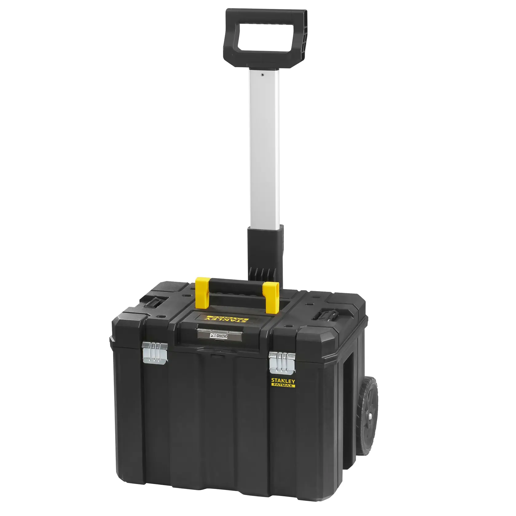 STANLEY FMST1-75753 schwarze Rollwerkzeugbox mit gelbem Griff und Teleskopgriff, Vorderansicht.