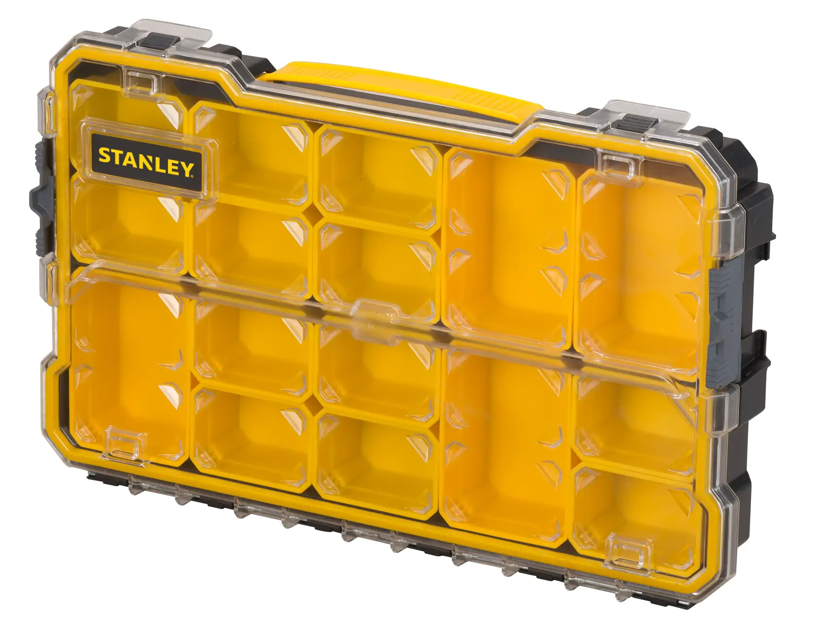 Gelber STANLEY Organizer mit Klarsichtdeckel und vielen Fächern zur Aufbewahrung kleiner Teile.