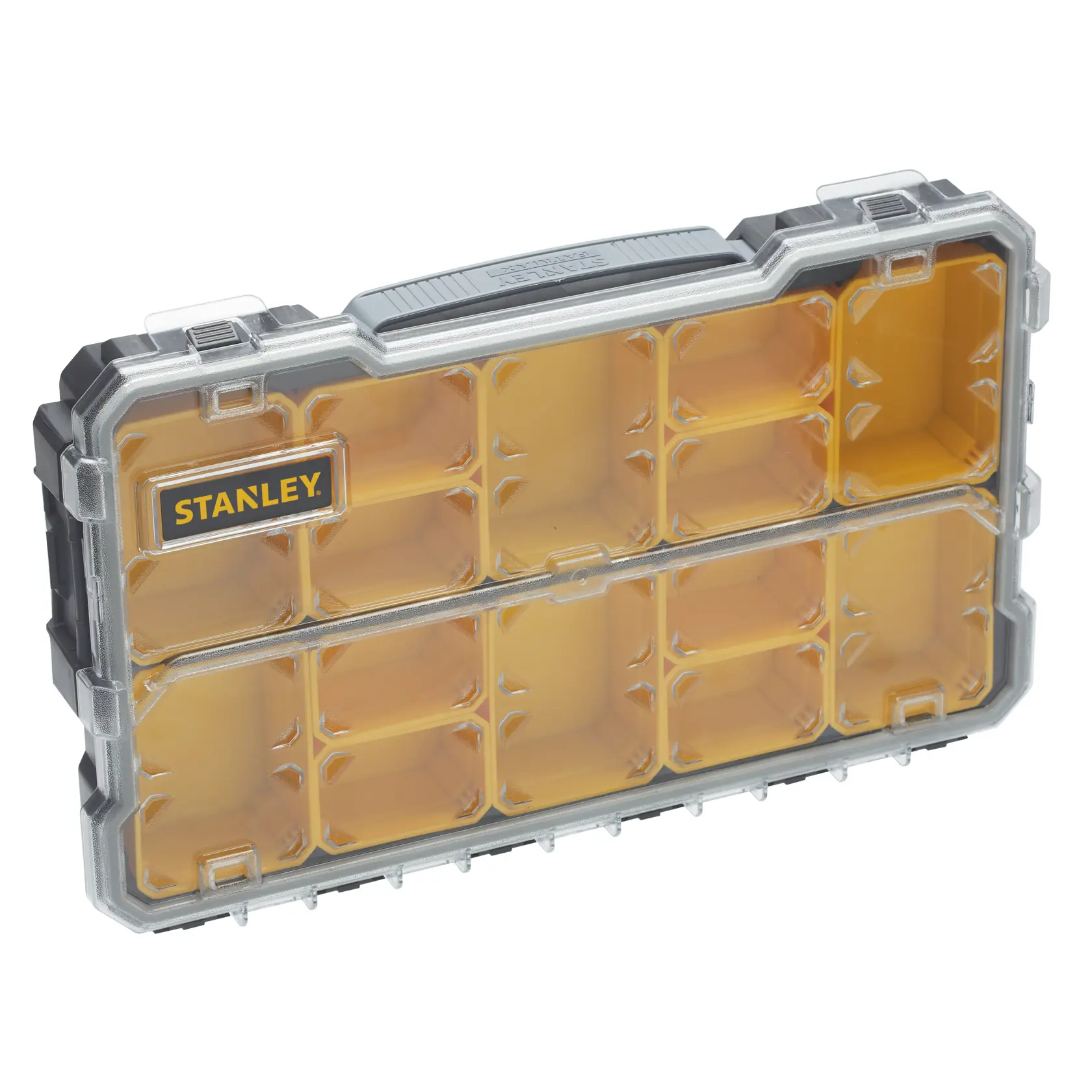 STANLEY FMST1-75779 Organizer mit gelben Fächern in transparenter Kunststoffbox, schräge Frontansicht.