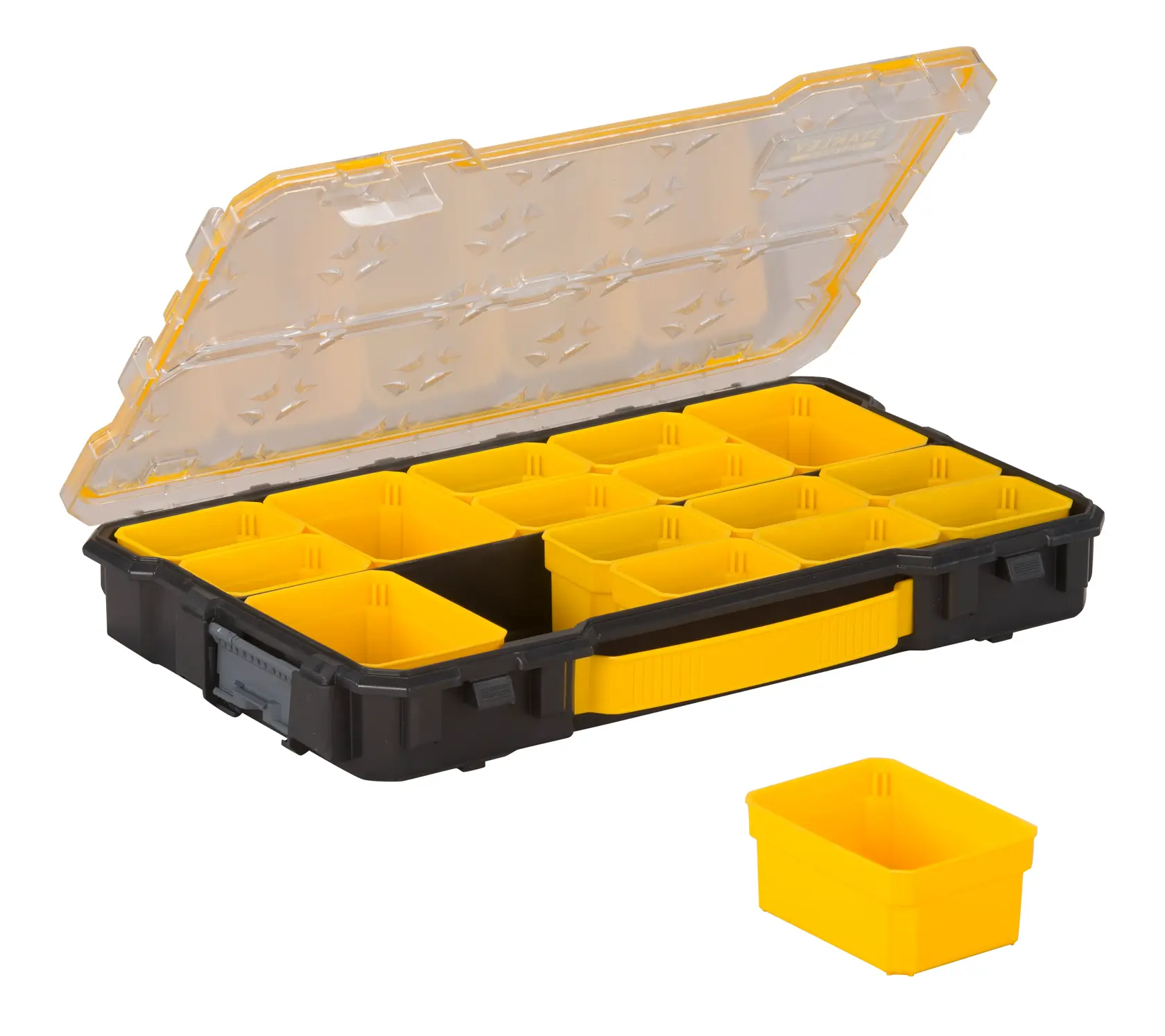 STANLEY FMST1-75779 Organizer-Box mit durchsichtigem Deckel, schwarzem Boden und herausnehmbaren gelben Fächern, Vorderansicht.