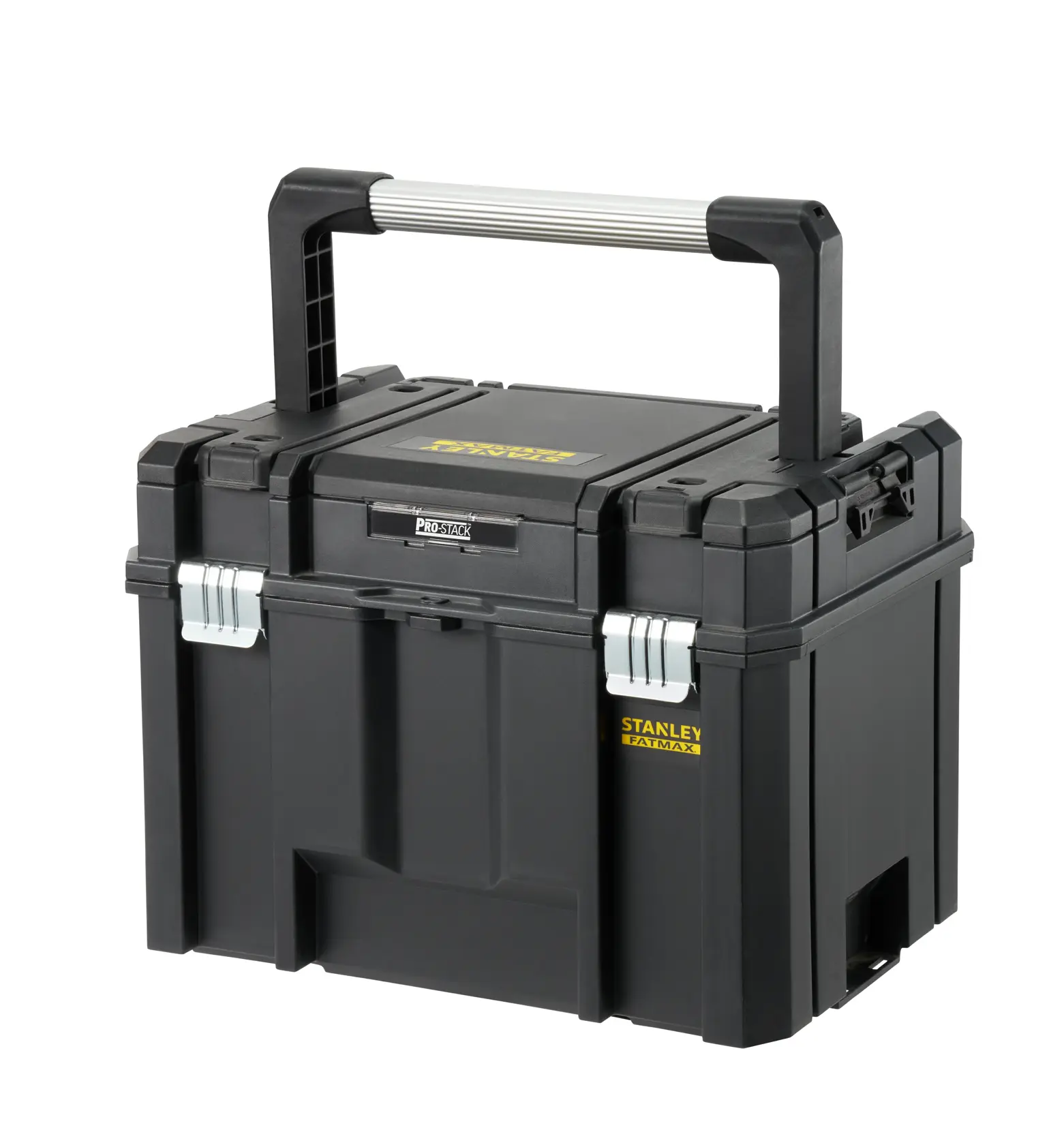STANLEY FMST1-75796 Werkzeugkasten, schwarz, Vorderansicht, großer Metallgriff und sichere Metallverschlüsse.
