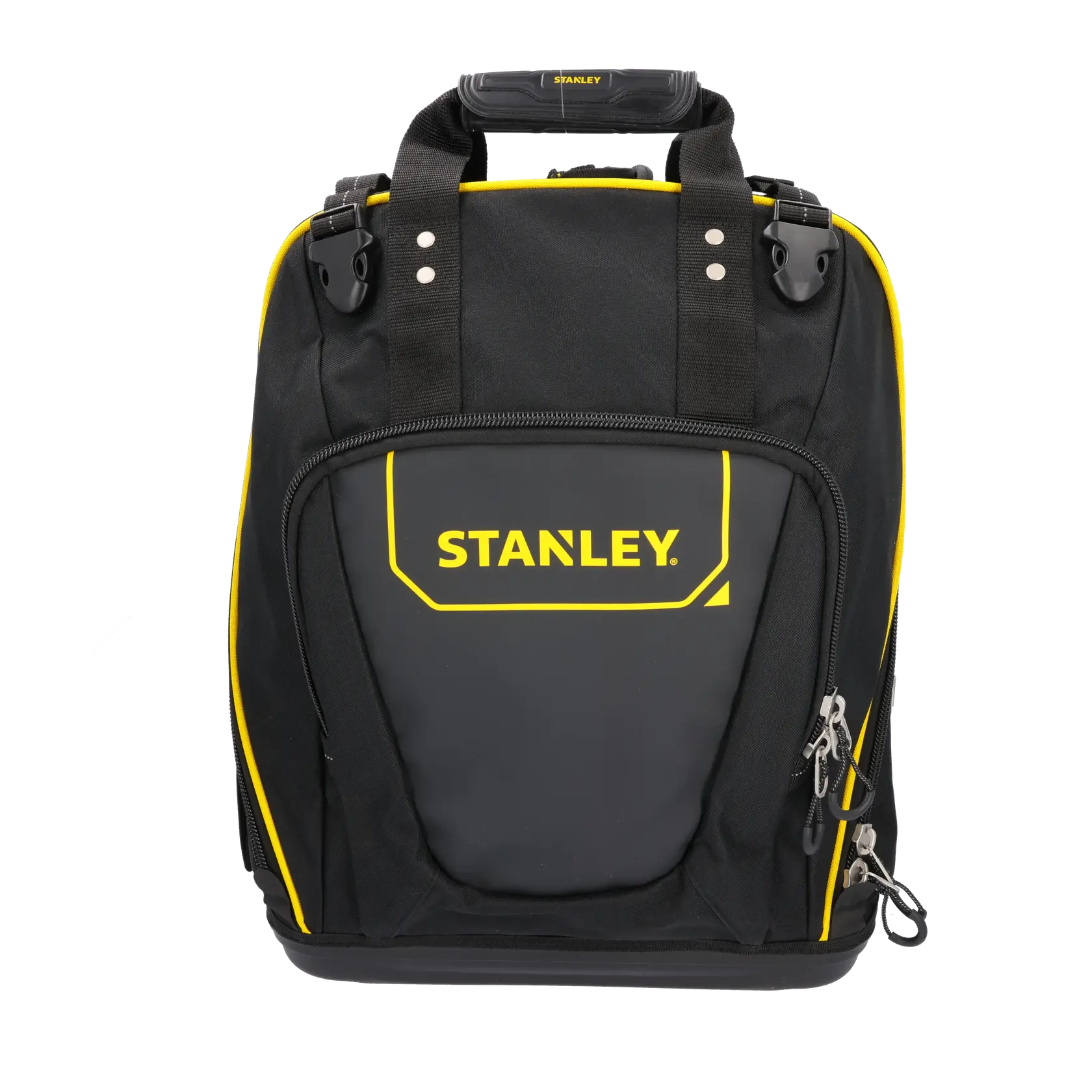 STANLEY FMST1-80144 schwarze und gelbe Werkzeugtasche, Frontansicht, mit Reißverschlusstaschen und Griff.