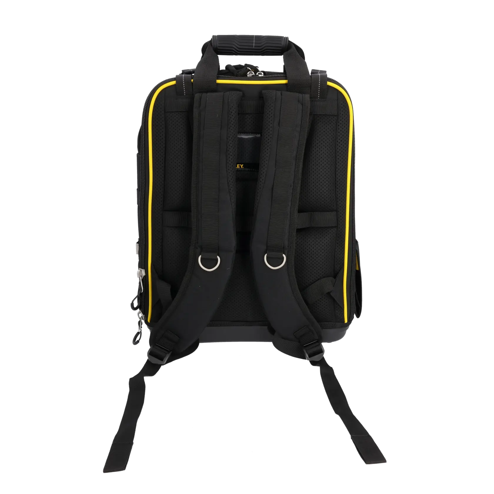 STANLEY FMST1-80144 Fotografie schwarz-gelber Rucksack, Rückansicht mit gepolsterten Gurten.