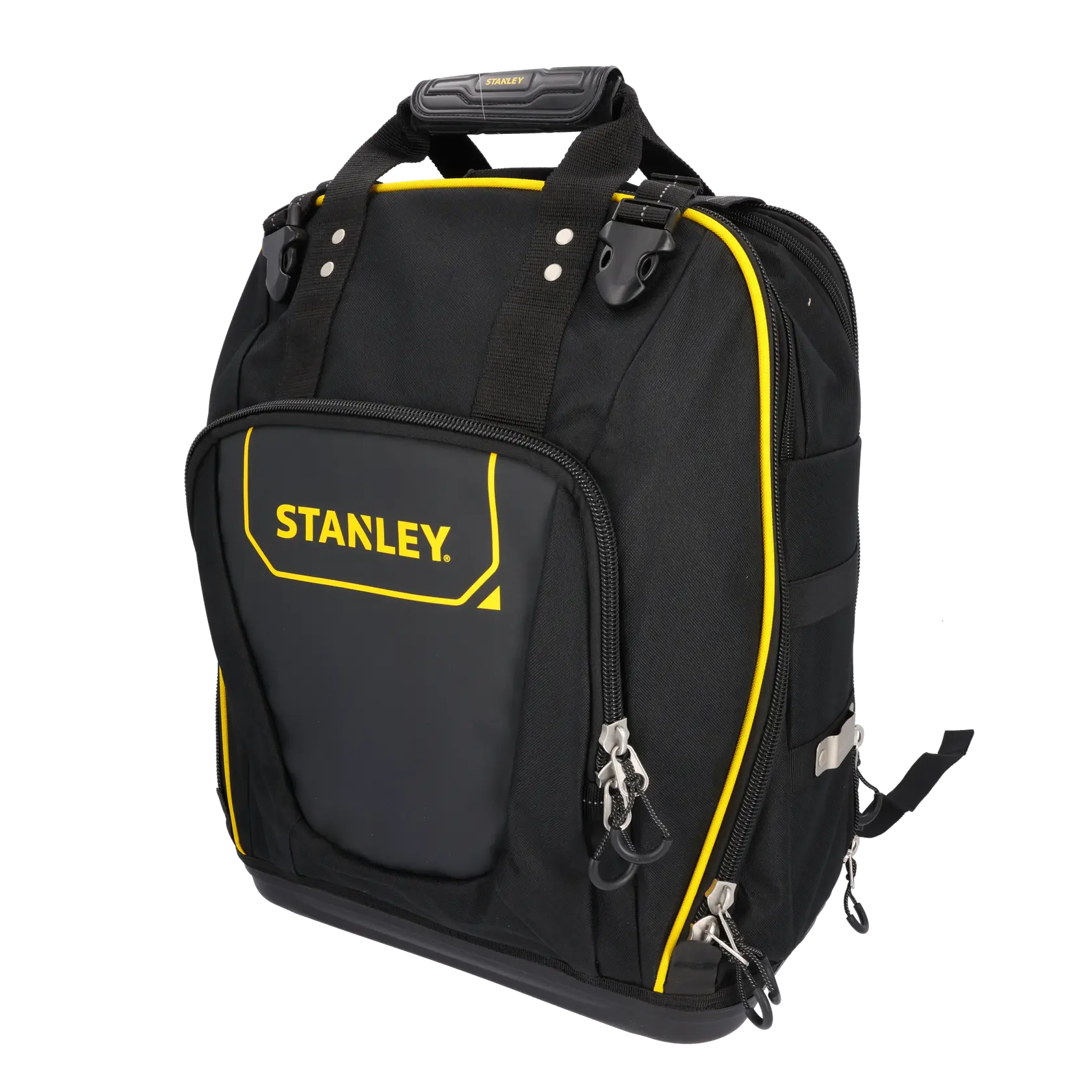 STANLEY FMST1-80144 schwarze gelbe Werkzeugrucksack, Vorderansicht, Reißverschlusstaschen, stabiler Griff.