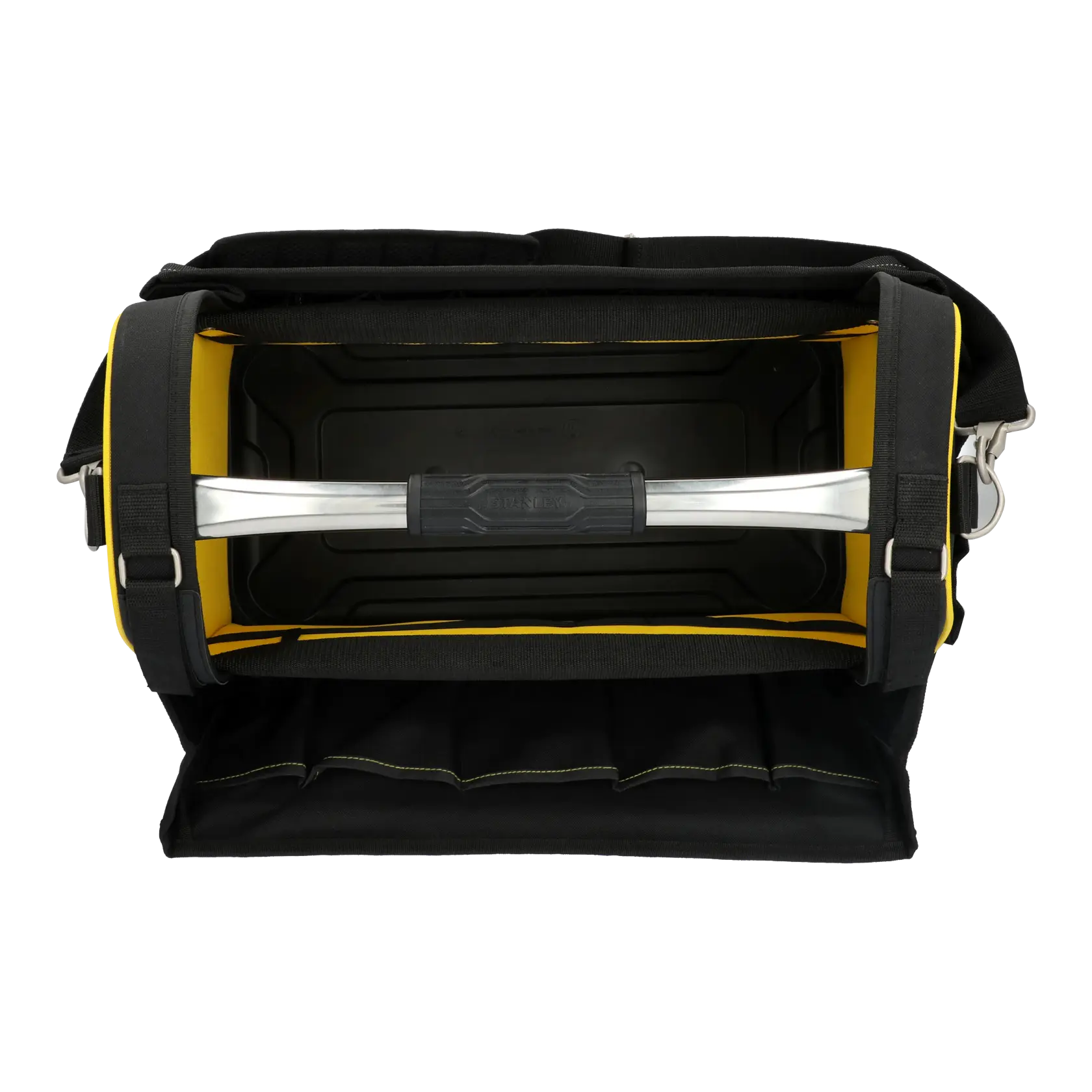 STANLEY FMST1-80146 offene schwarze und gelbe Werkzeugtasche mit Metallgriff, Frontreißverschlusstasche, Seitenriemen und Hartboden, schräge Ansicht.
