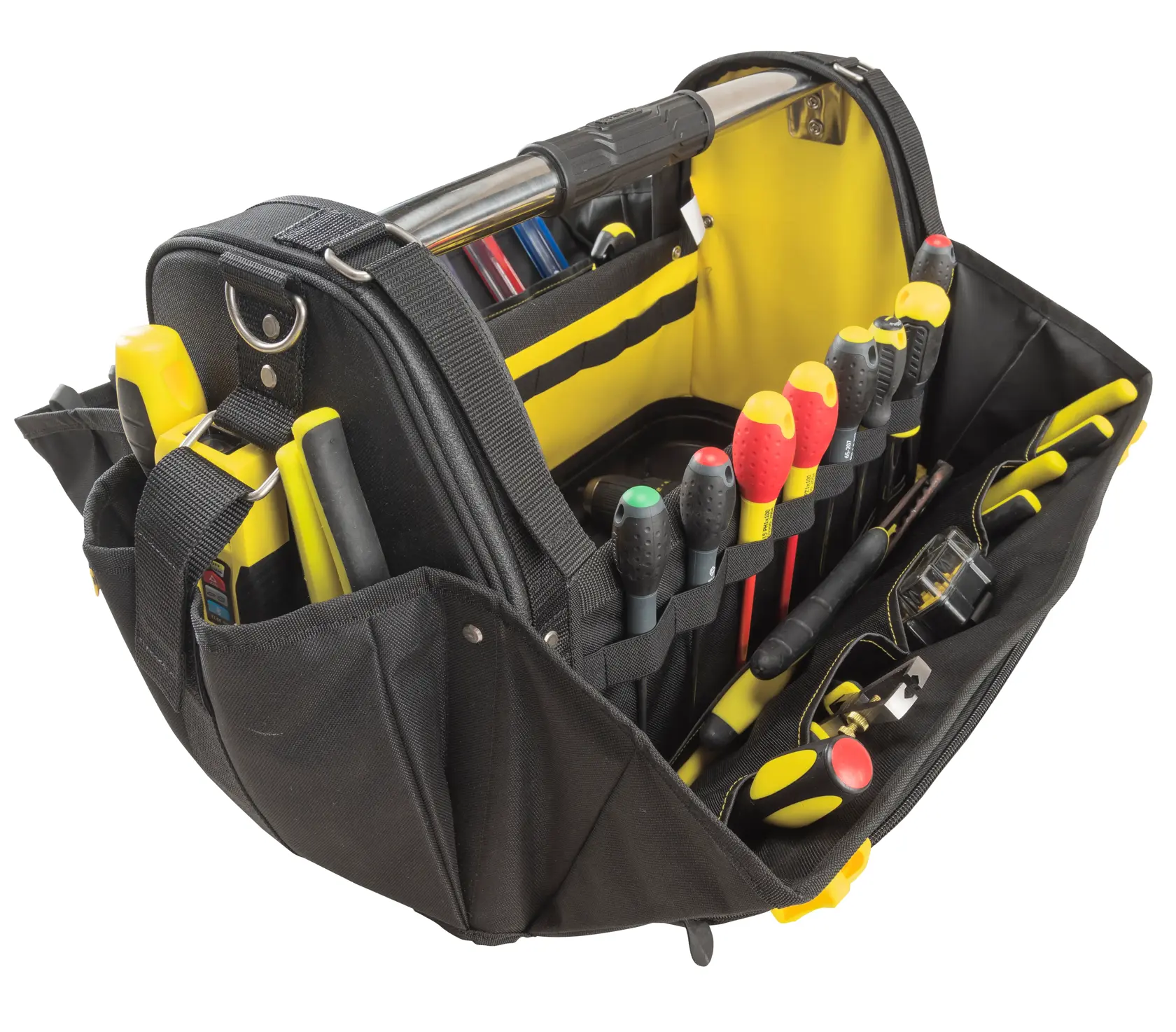 STANLEY FMST1-80146 Werkzeugtasche mit verschiedenen Handwerkzeugen, Vorderansicht, schwarz-gelb.