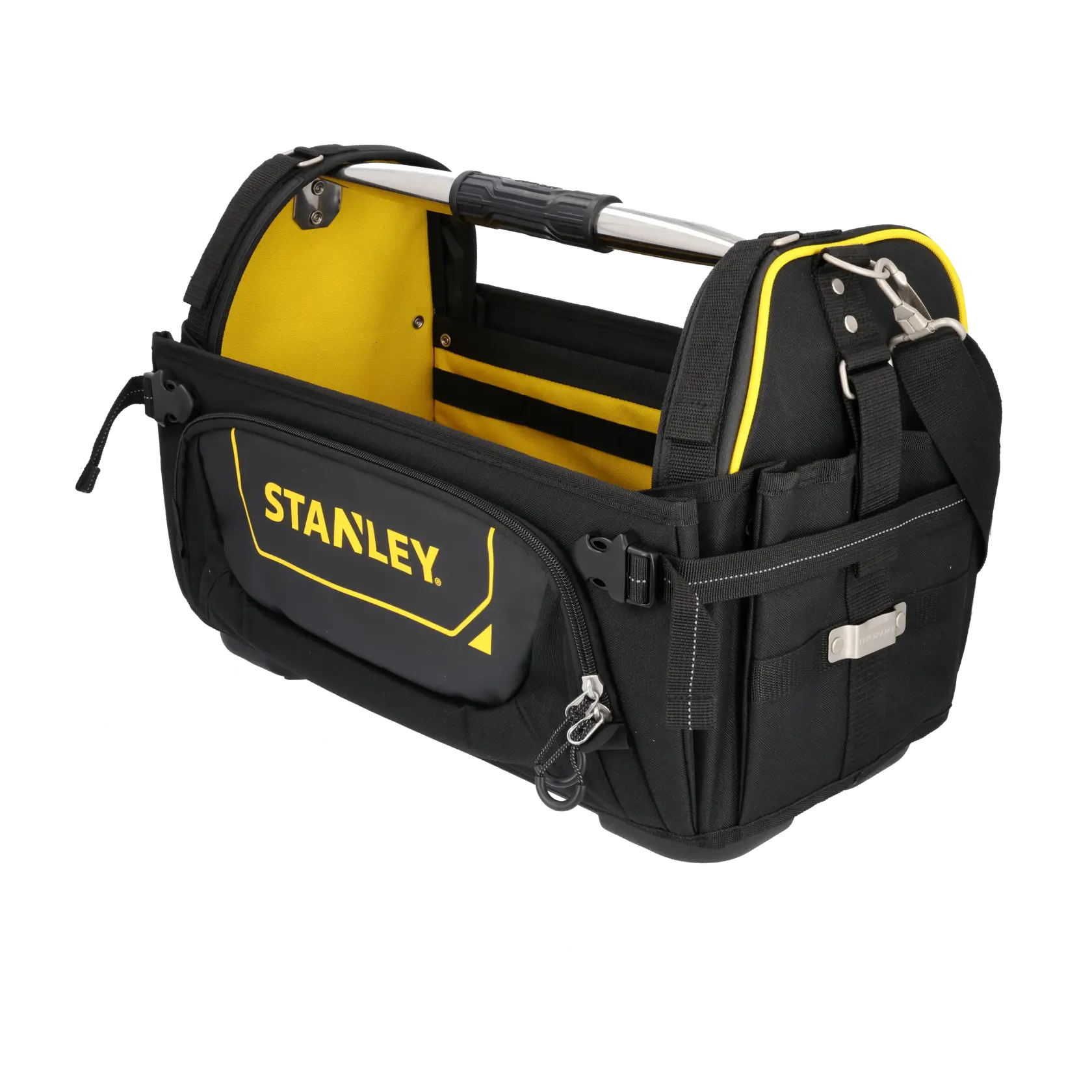 STANLEY FMST1-80146 offene Werkzeugtasche mit Handwerkzeugen, Schraubendrehersatz, Wasserwaage und Bohrmaschine, Draufsicht.