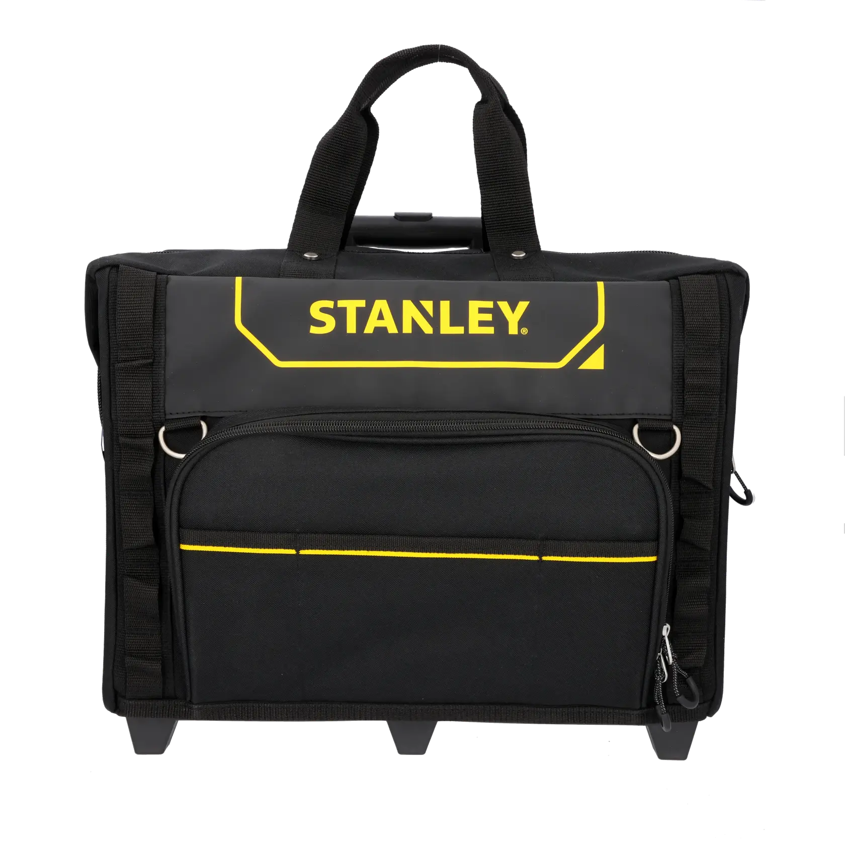 STANLEY FMST1-80148 schwarze Werkzeugtasche mit gelbem Logo, Fronttasche mit Reißverschluss, Griffe, Frontansicht.