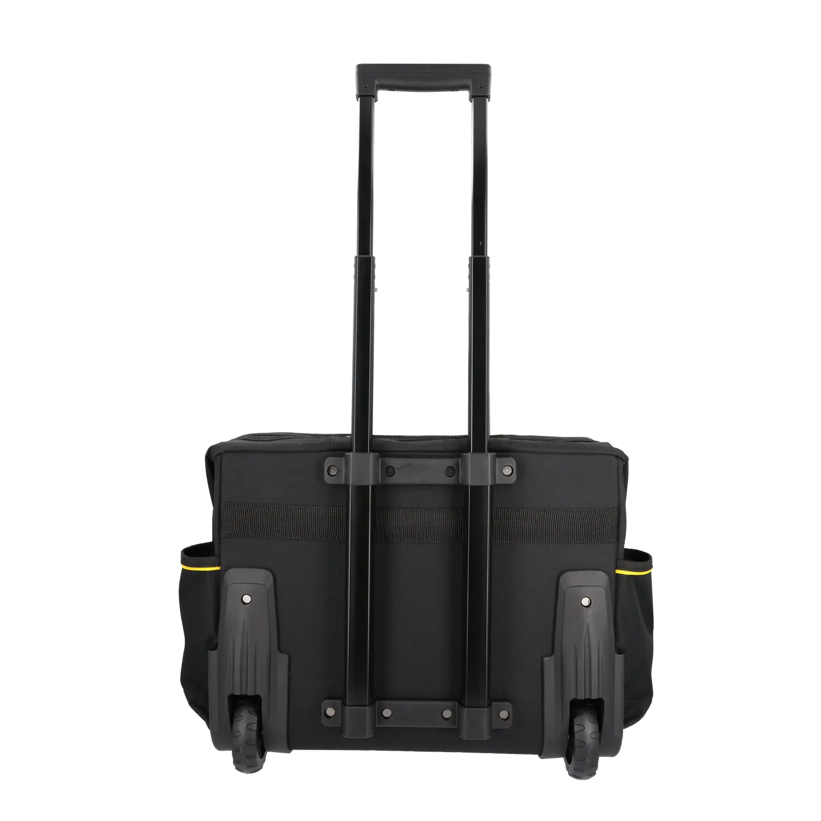 STANLEY FMST1-80148 schwarze Rollwerkzeugtasche, Rückansicht mit ausgezogenem Griff und Rädern, weißer Hintergrund.